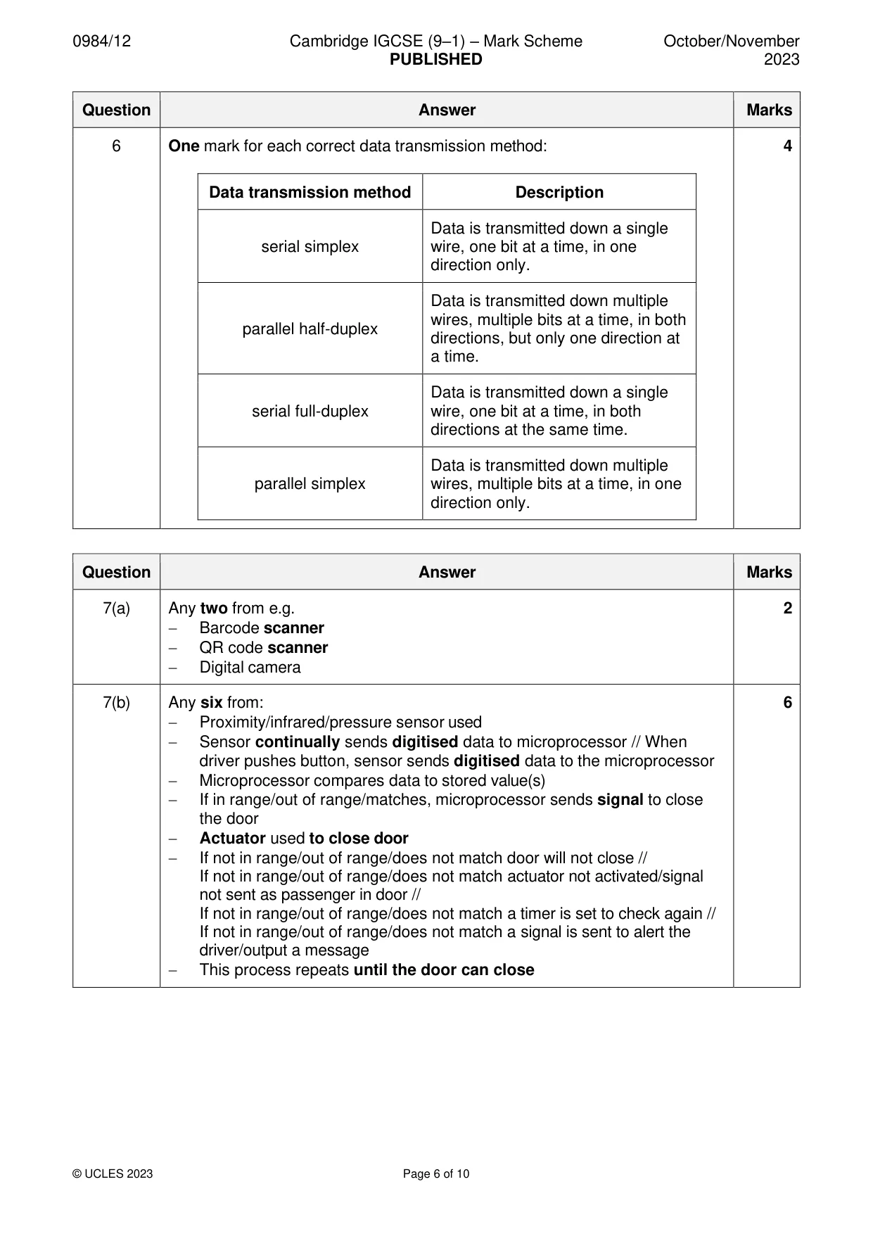 Mark scheme, page 6 of 10
