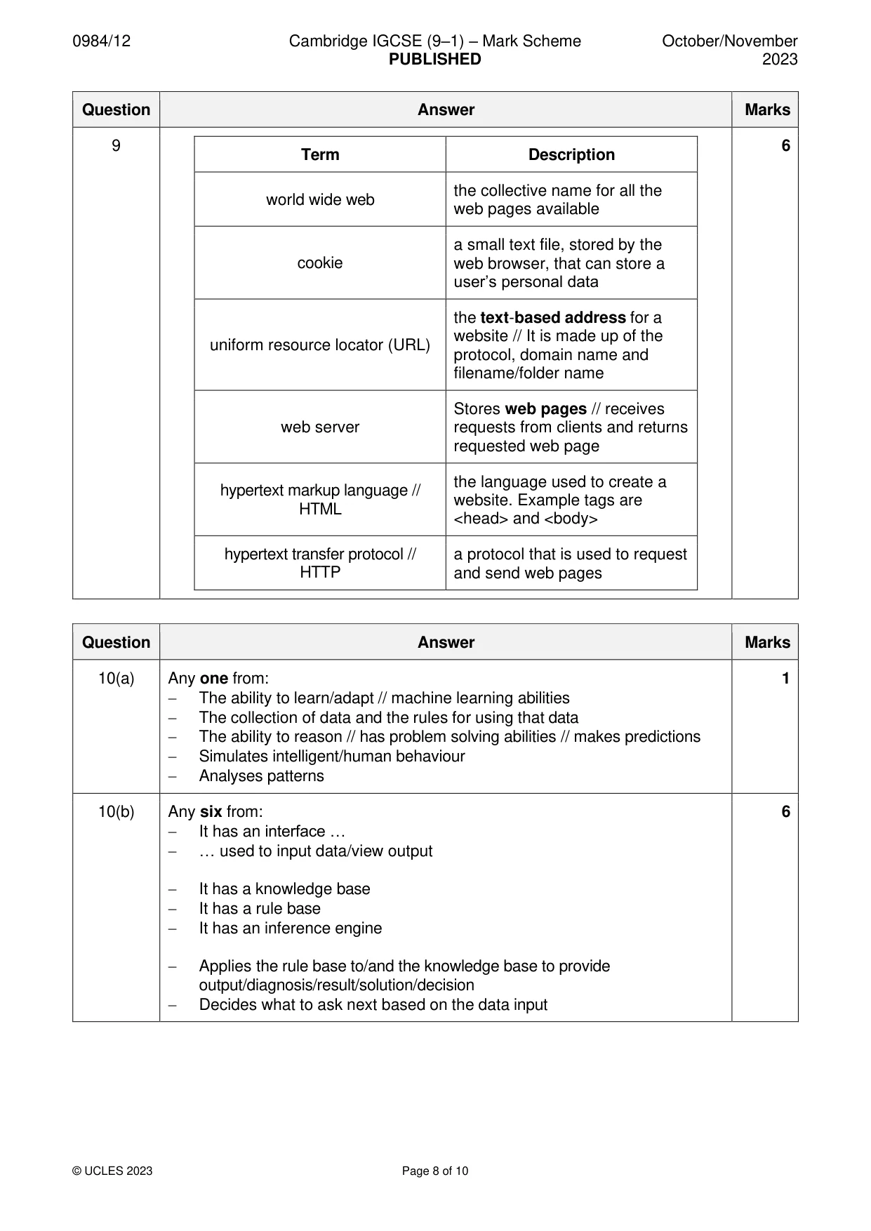 Mark scheme, page 8 of 10