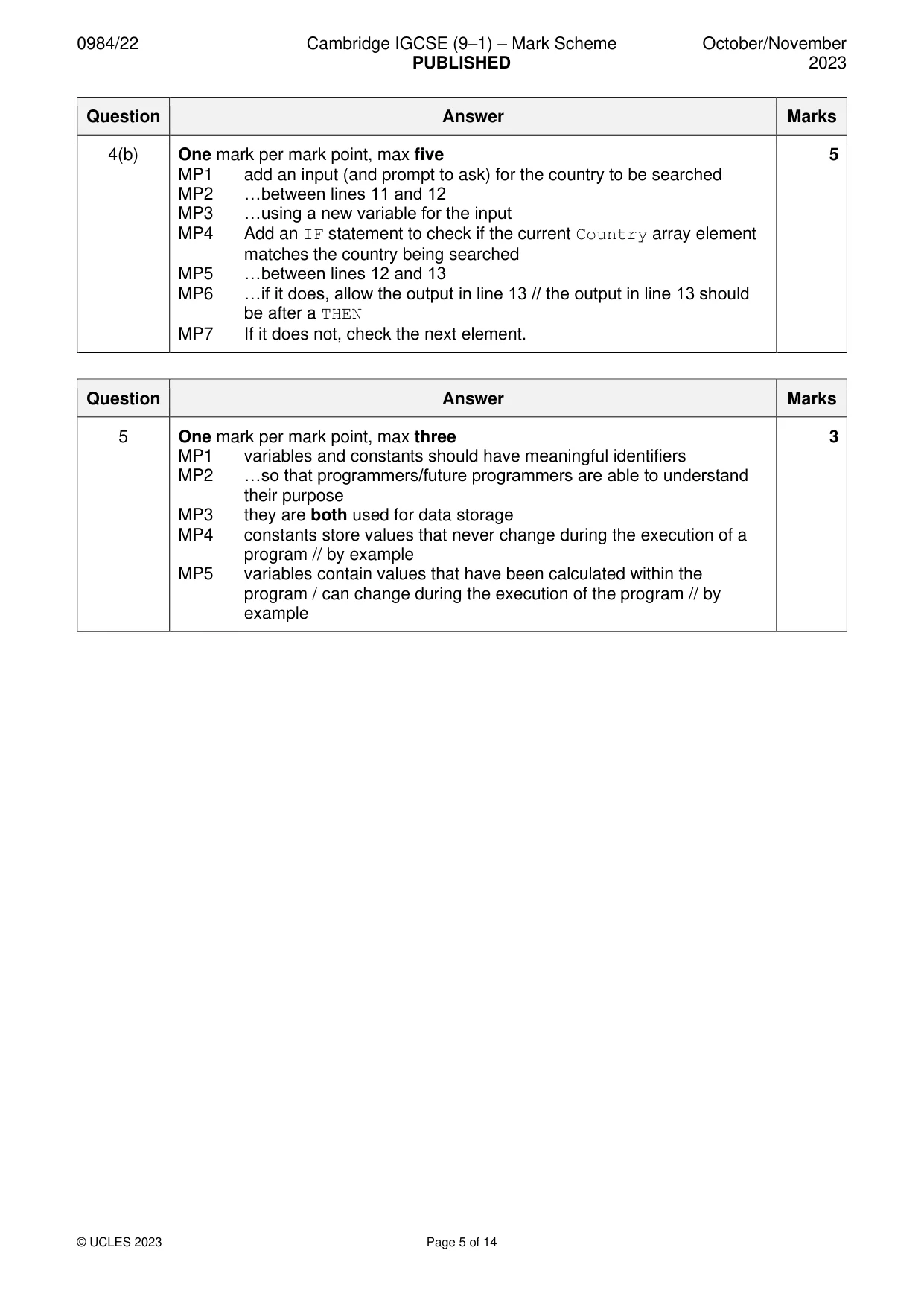 Mark scheme, page 5 of 14