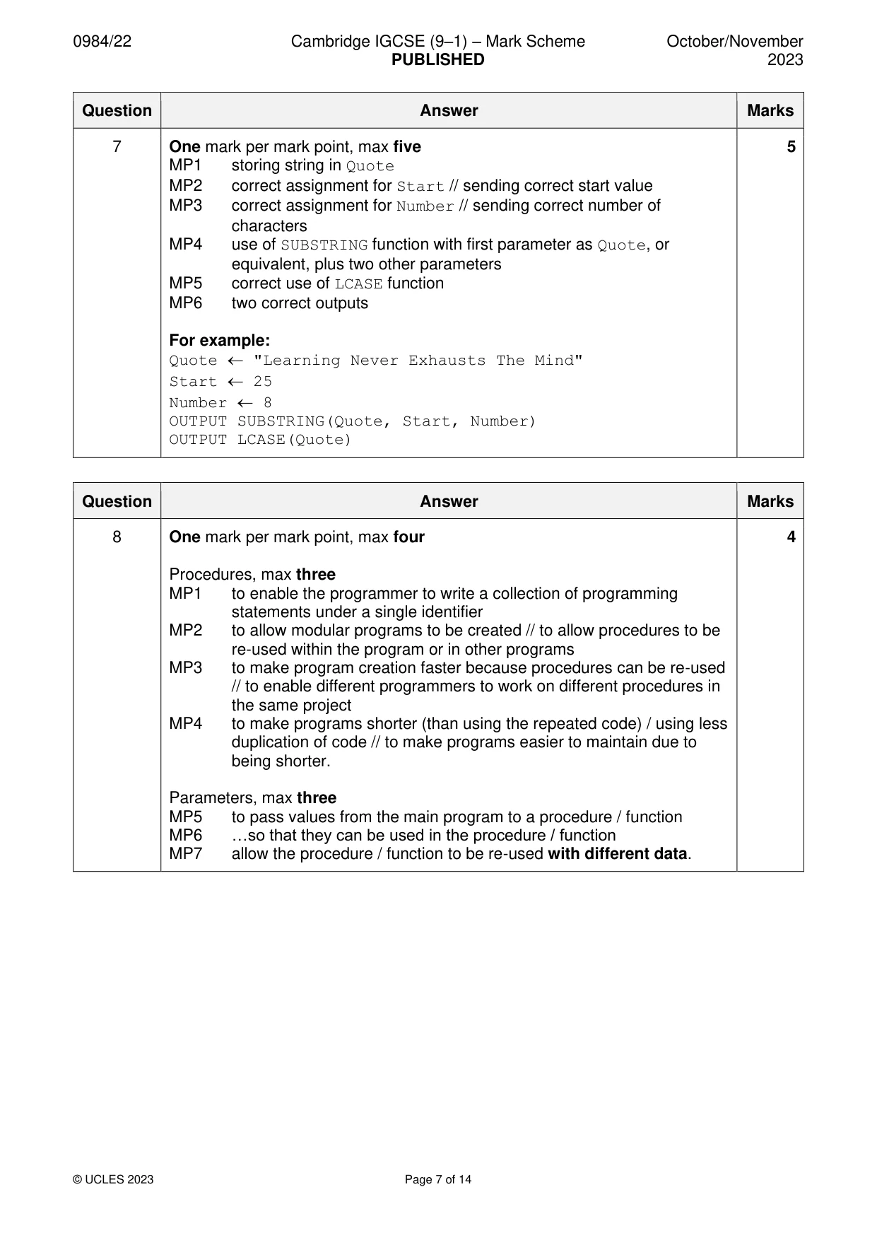 Mark scheme, page 7 of 14