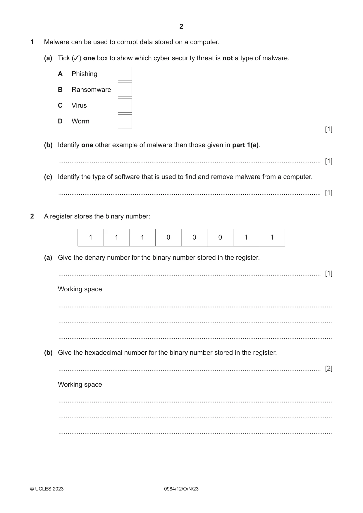 Cambridge IGCSE Computer Science (9-1) 0984 2023 Oct/Nov Paper 1 · Variant 2 question paper, page 2 of 12