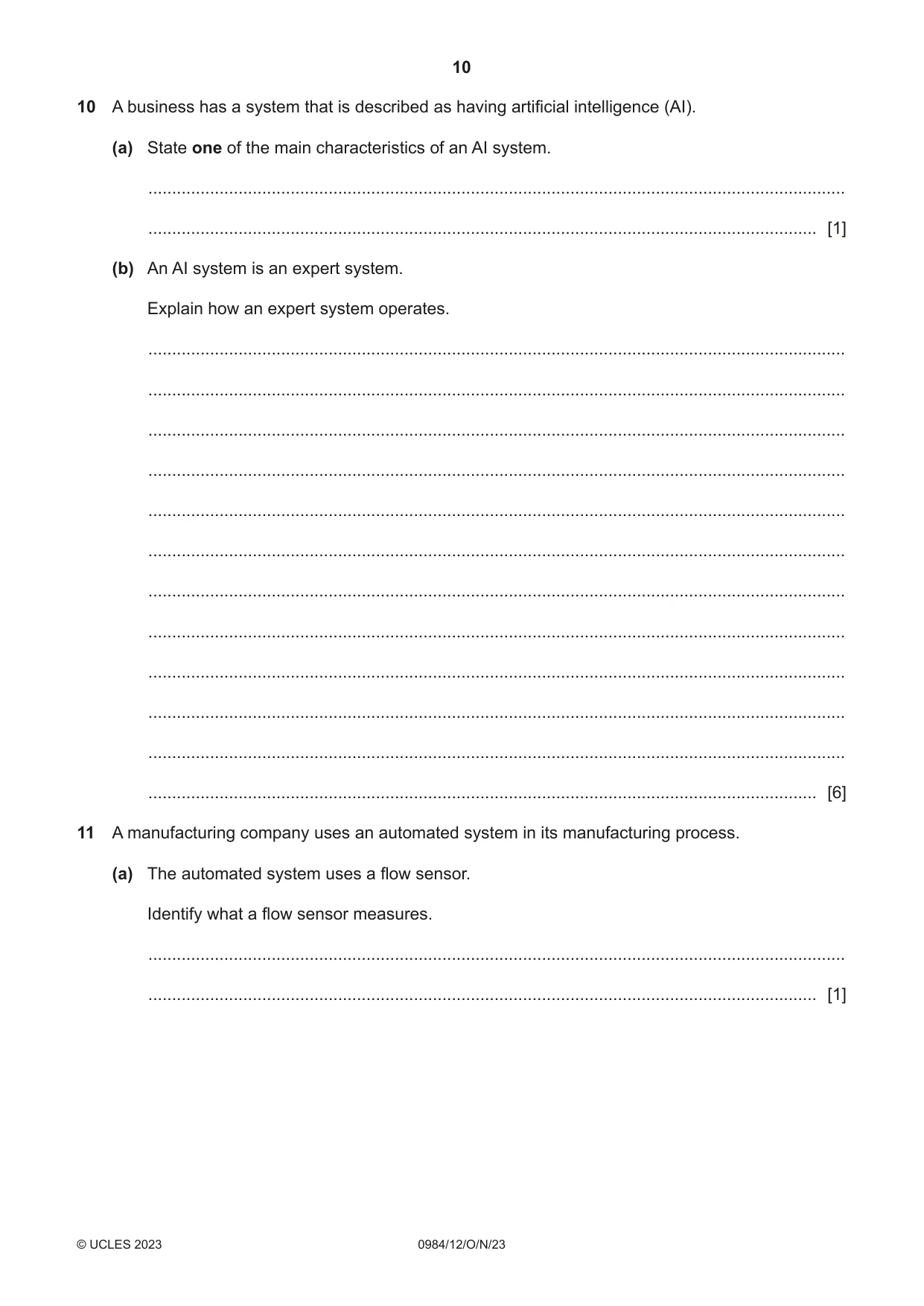 Cambridge IGCSE Computer Science (9-1) 0984 2023 Oct/Nov Paper 1 · Variant 2 question paper, page 10 of 12