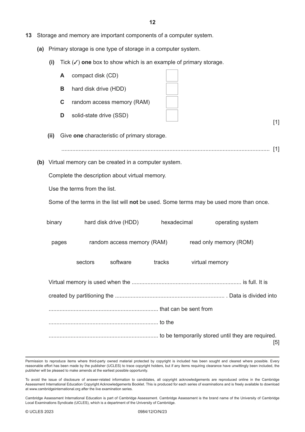 Cambridge IGCSE Computer Science (9-1) 0984 2023 Oct/Nov Paper 1 · Variant 2 question paper, page 12 of 12