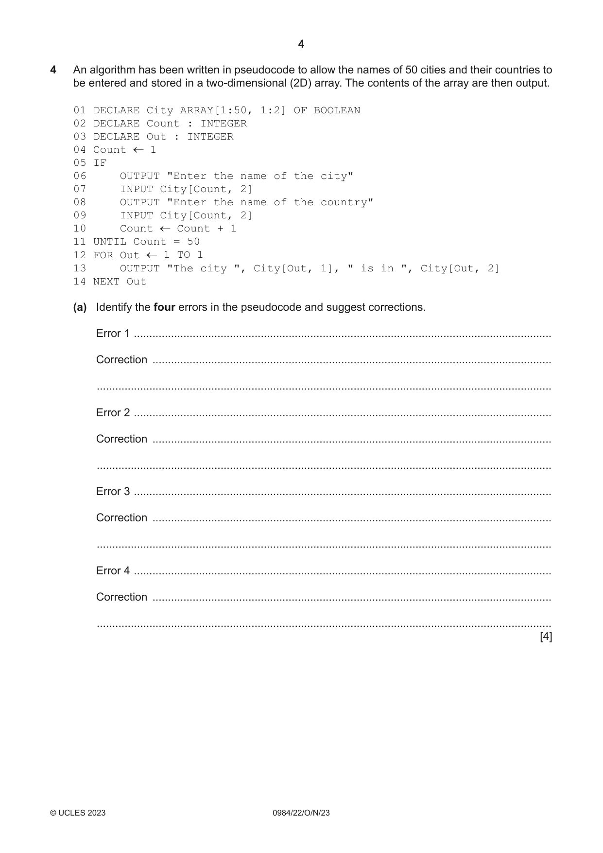 Cambridge IGCSE Computer Science (9-1) 0984 2023 Oct/Nov Paper 2 · Variant 2 question paper, page 4 of 16