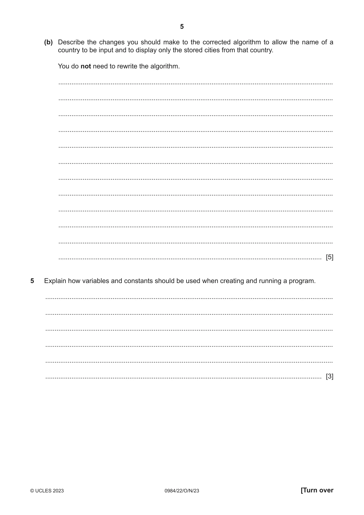 Cambridge IGCSE Computer Science (9-1) 0984 2023 Oct/Nov Paper 2 · Variant 2 question paper, page 5 of 16