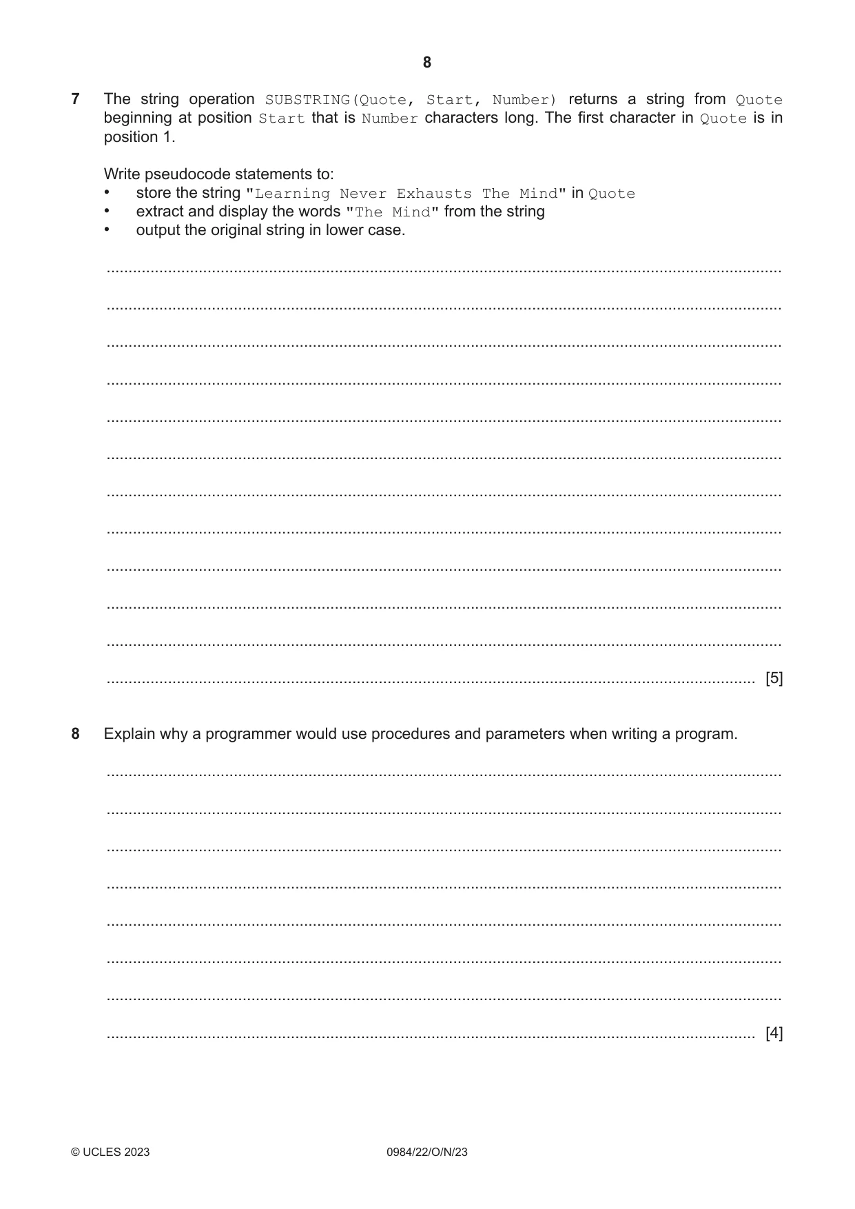 Cambridge IGCSE Computer Science (9-1) 0984 2023 Oct/Nov Paper 2 · Variant 2 question paper, page 8 of 16