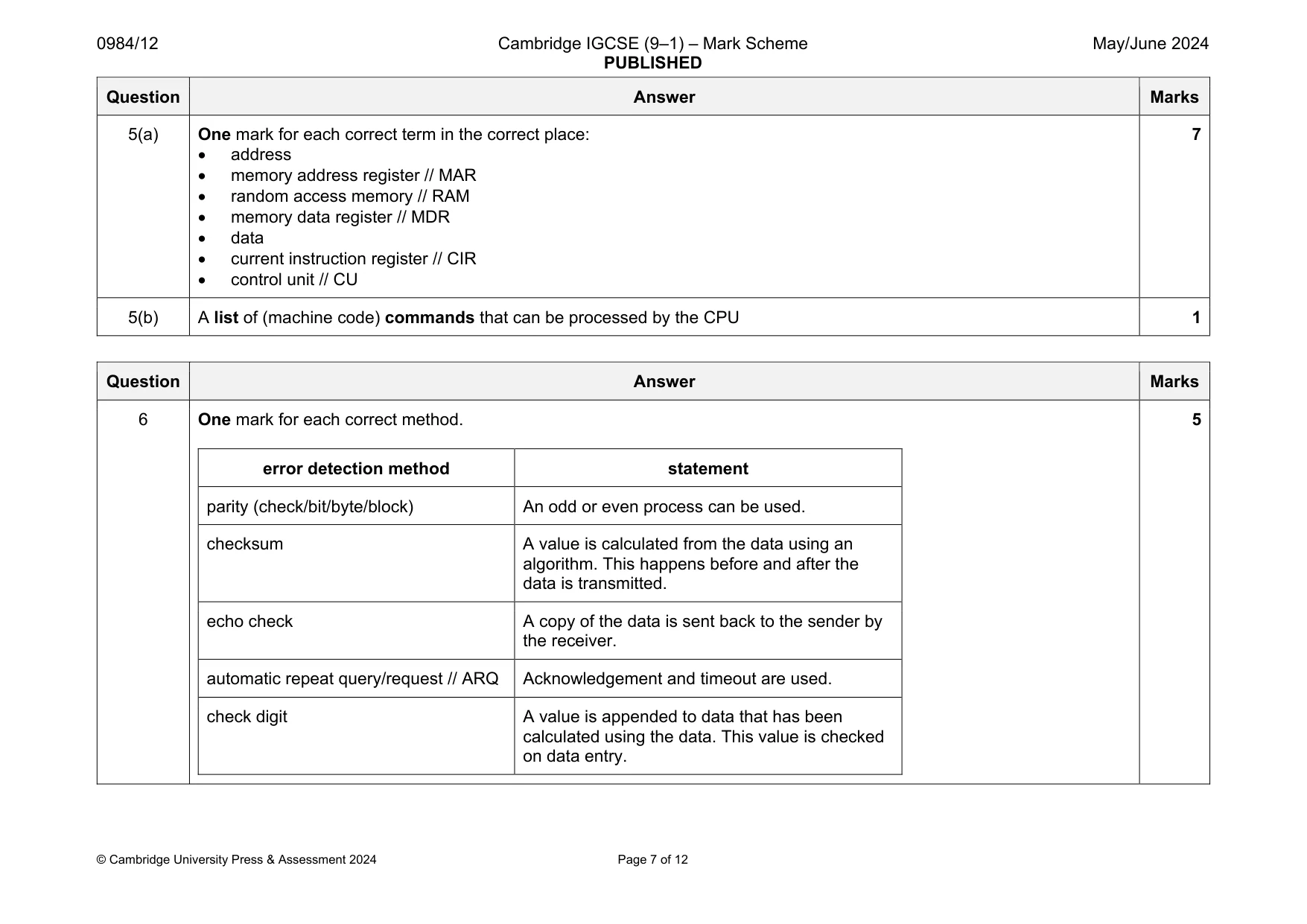 Mark scheme, page 7 of 12