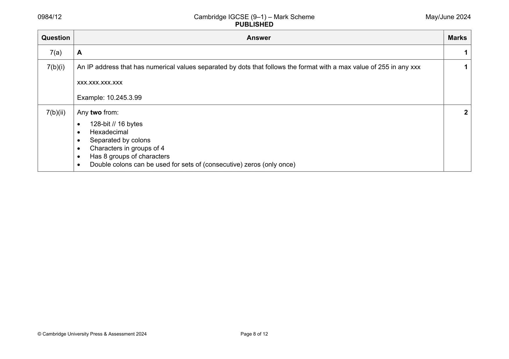 Mark scheme, page 8 of 12
