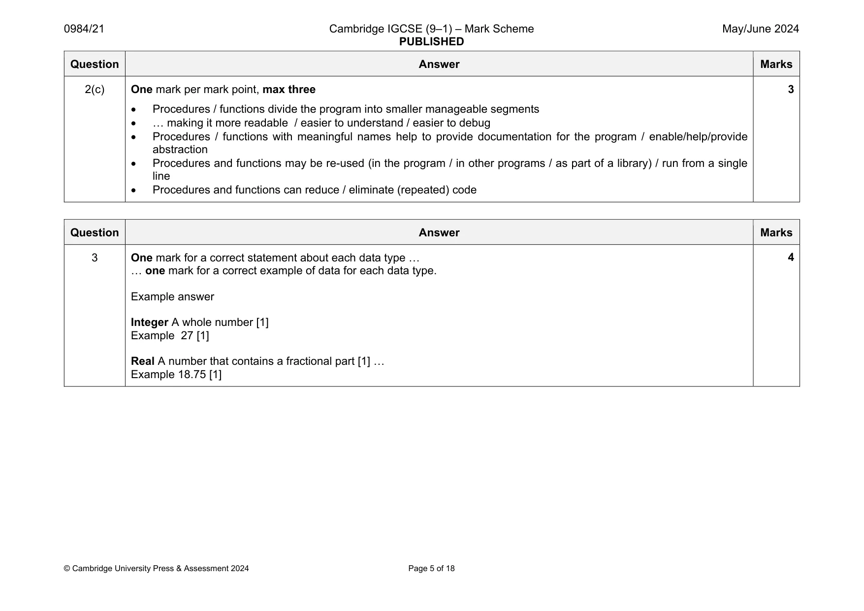 Mark scheme, page 5 of 18