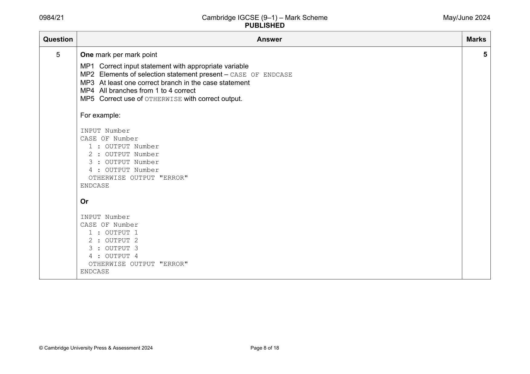 Mark scheme, page 8 of 18