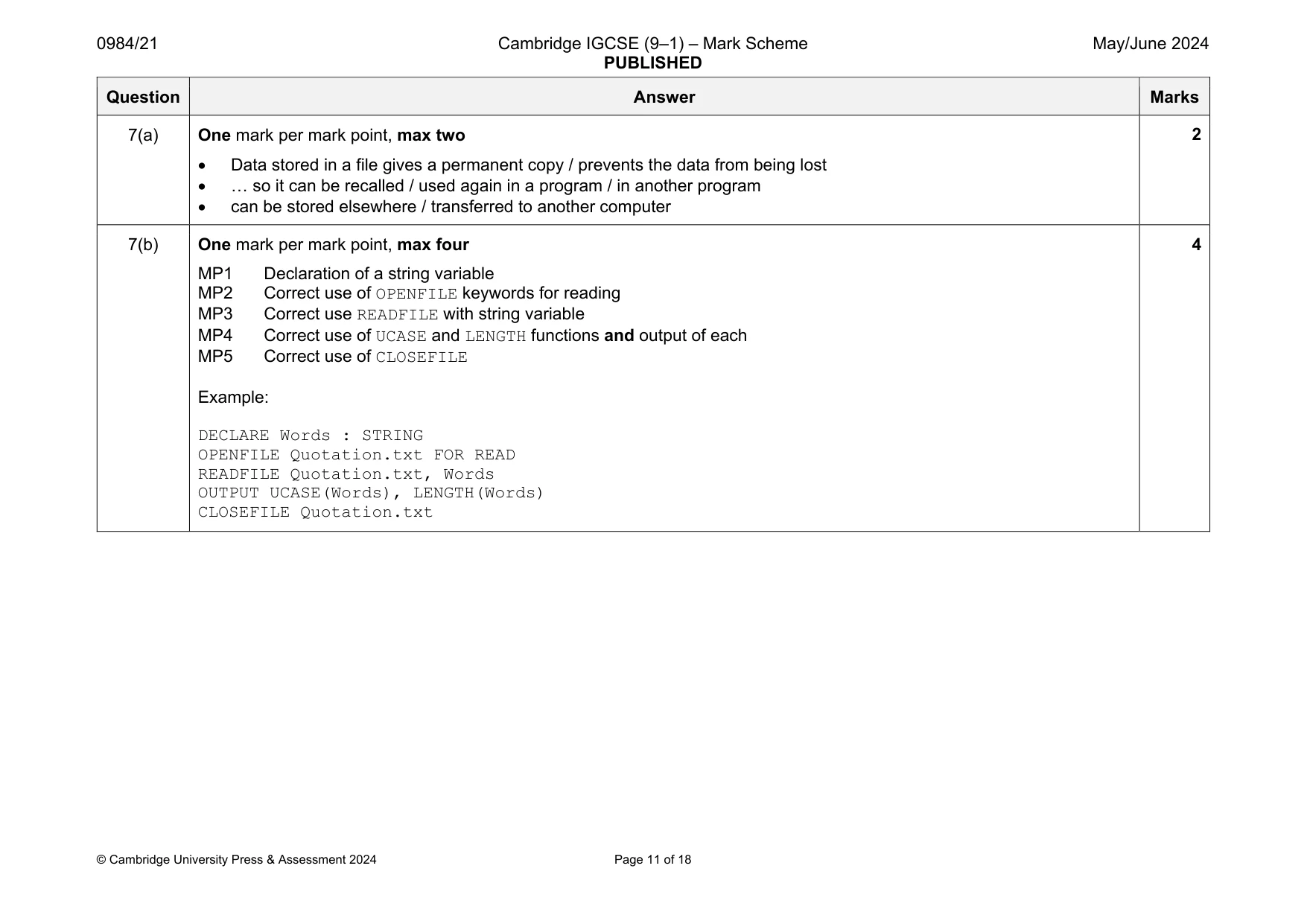 Mark scheme, page 11 of 18