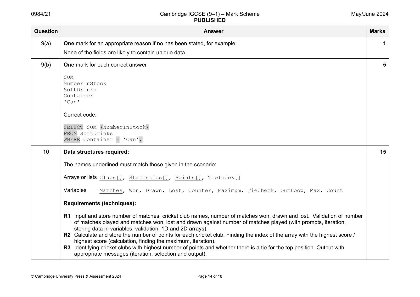 Mark scheme, page 14 of 18
