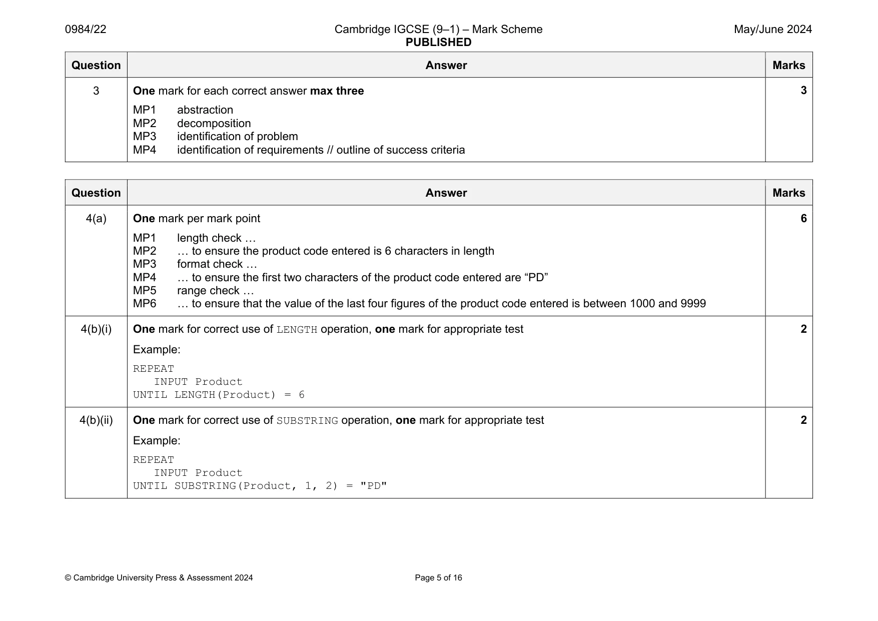 Mark scheme, page 5 of 16