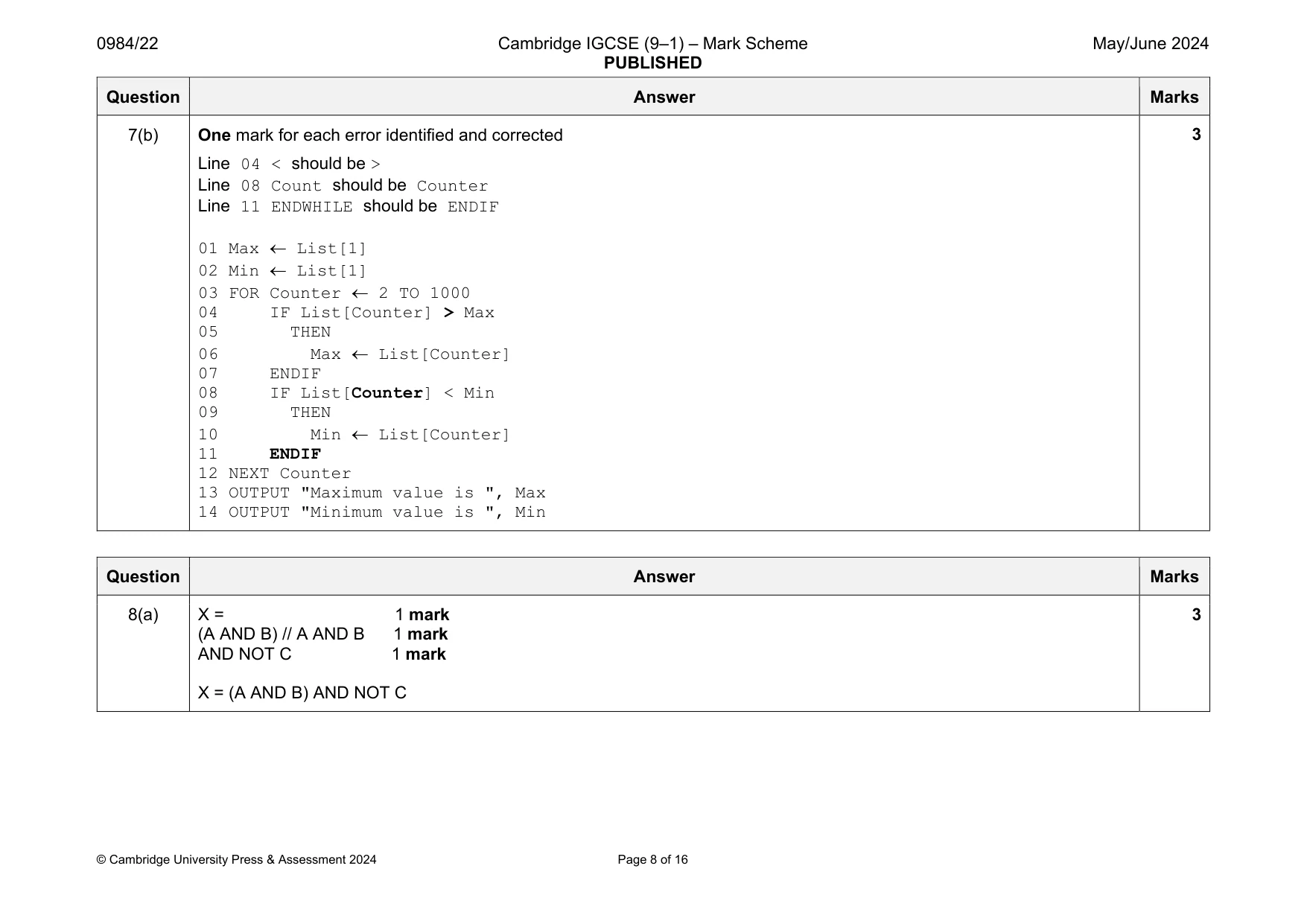 Mark scheme, page 8 of 16
