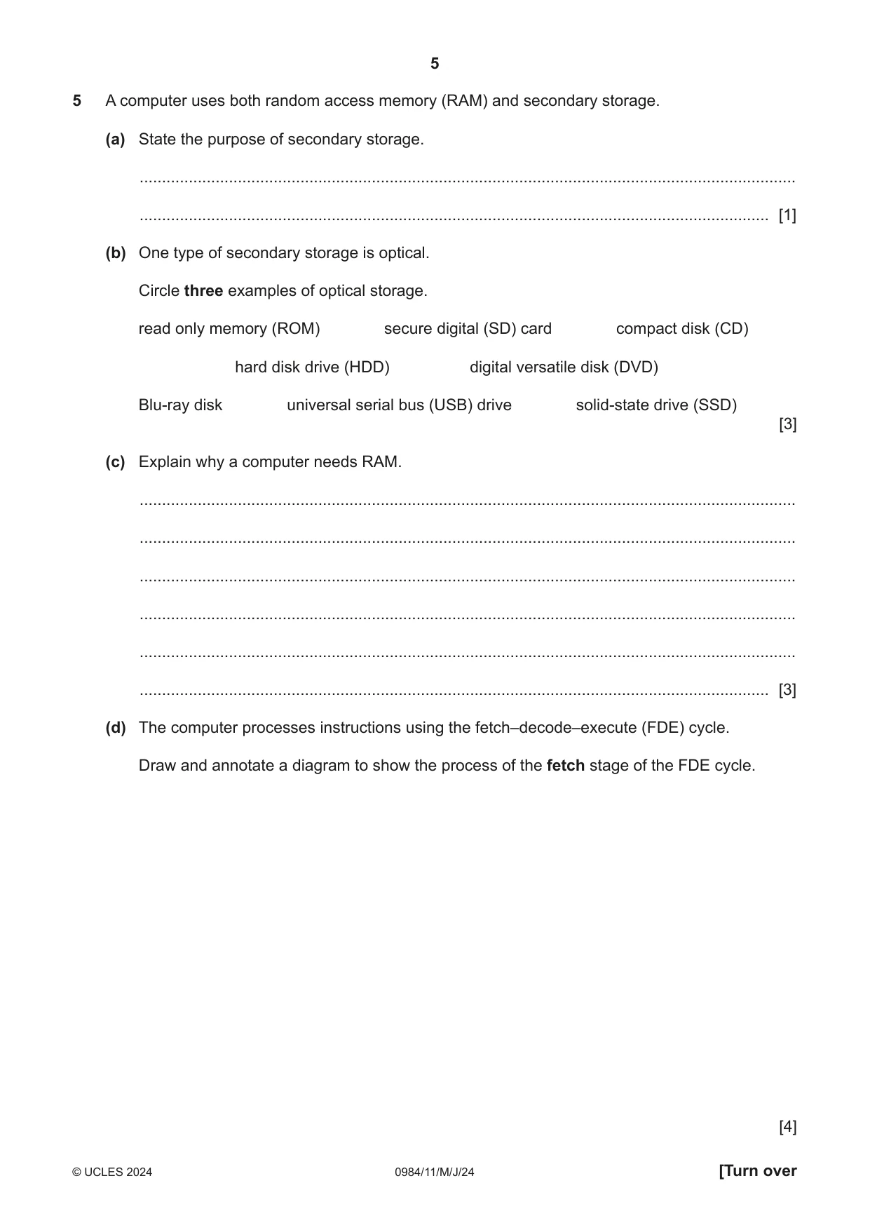 Cambridge IGCSE Computer Science (9-1) 0984 2024 May/June Paper 1 · Variant 1 question paper, page 5 of 12