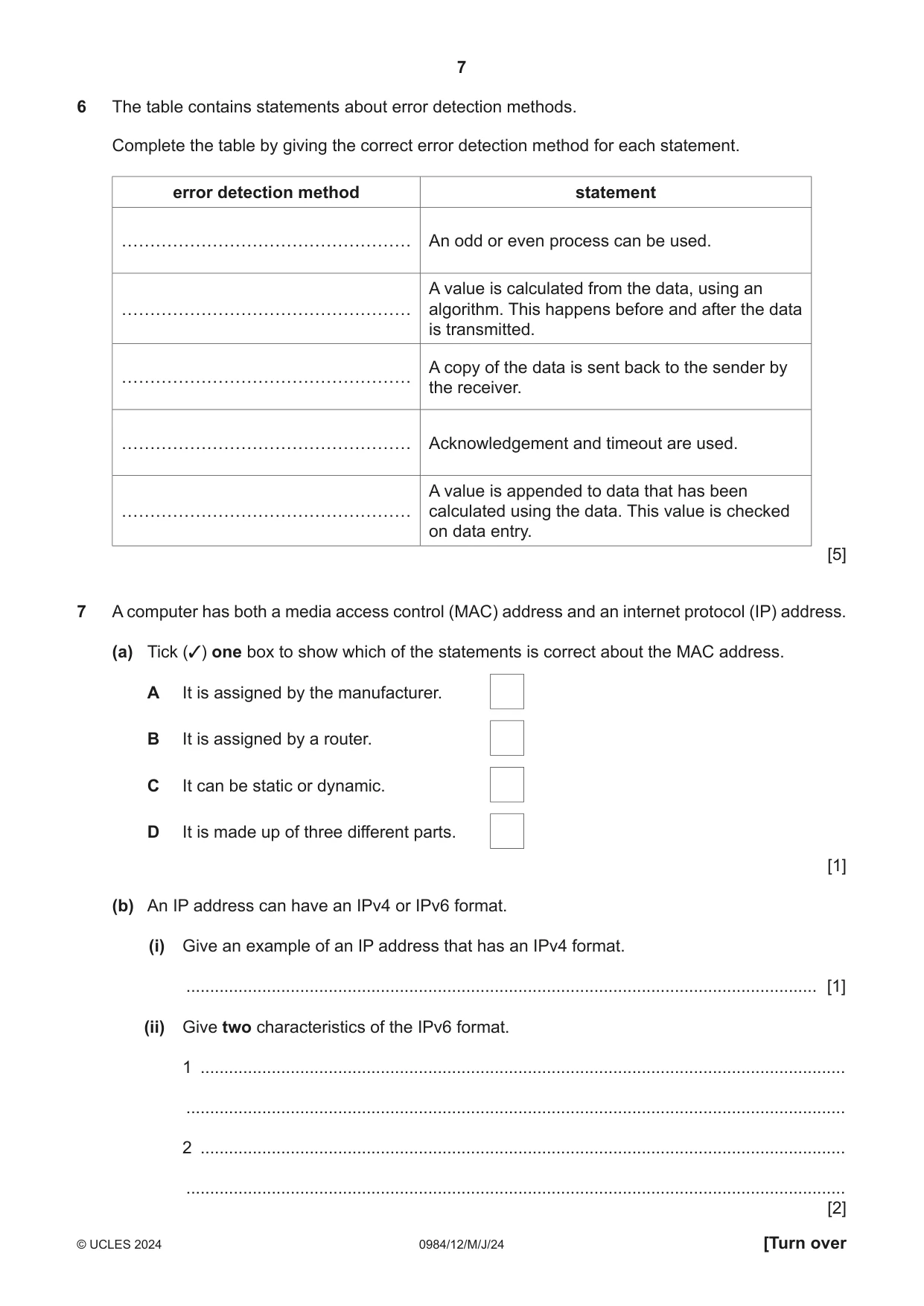 Cambridge IGCSE Computer Science (9-1) 0984 2024 May/June Paper 1 · Variant 2 question paper, page 7 of 12