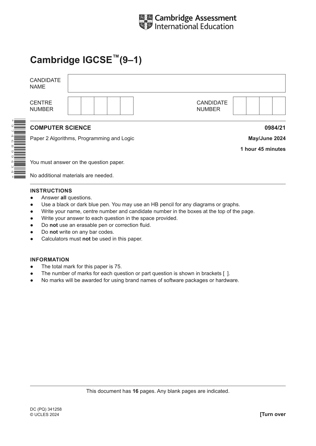 Cambridge IGCSE Computer Science (9-1) 0984 2024 May/June Paper 2 · Variant 1 question paper, page 1 of 16