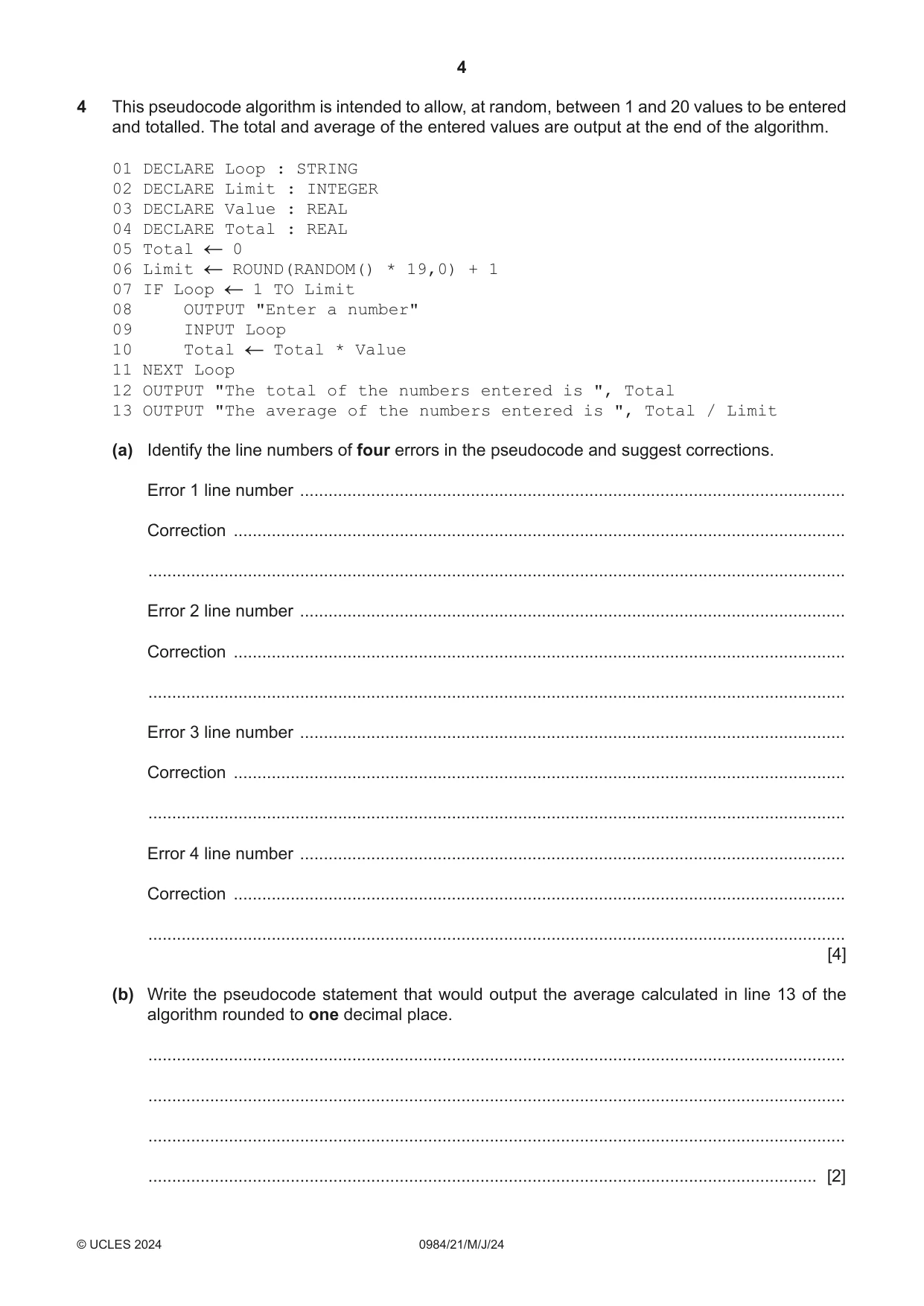 Cambridge IGCSE Computer Science (9-1) 0984 2024 May/June Paper 2 · Variant 1 question paper, page 4 of 16