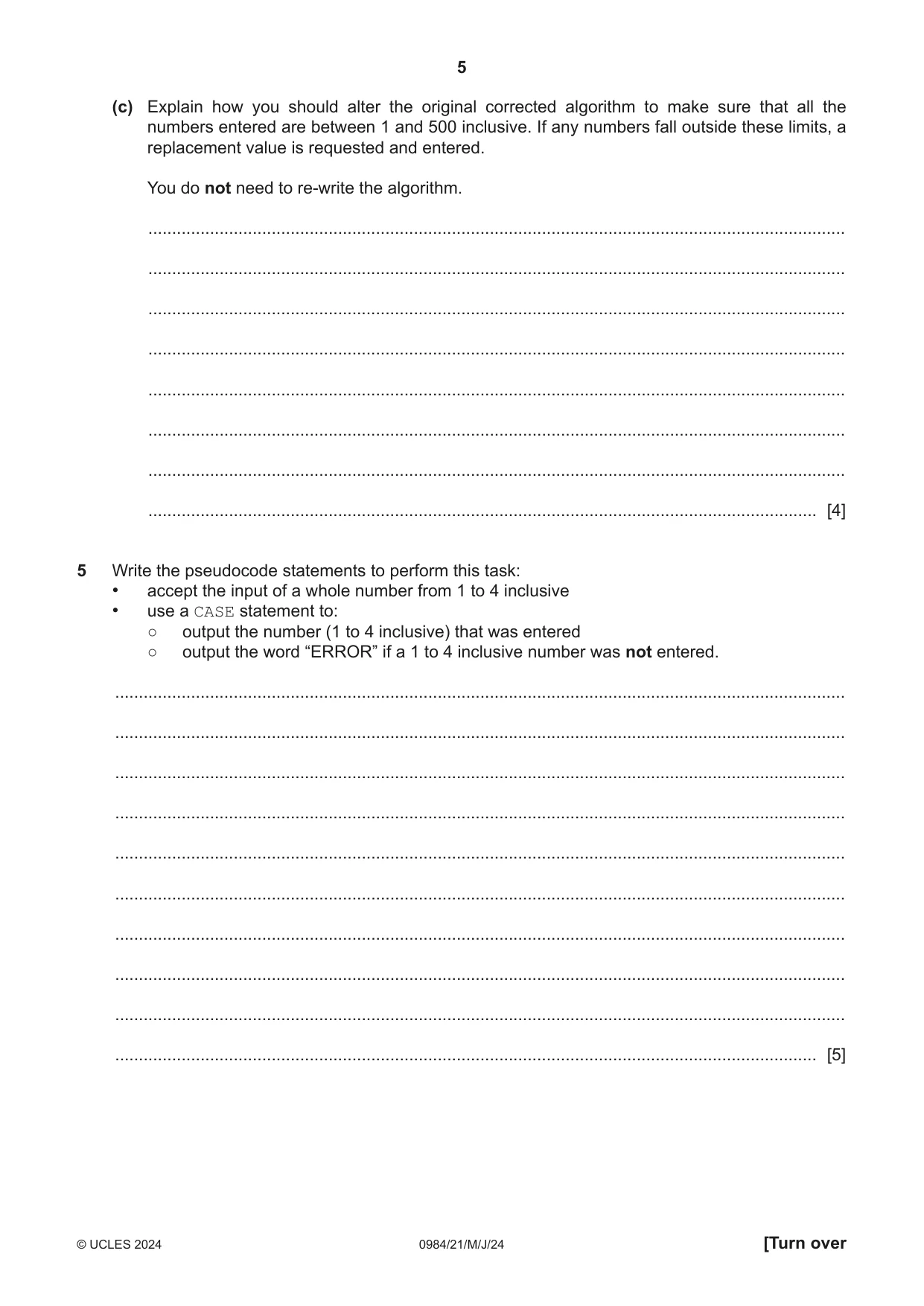 Cambridge IGCSE Computer Science (9-1) 0984 2024 May/June Paper 2 · Variant 1 question paper, page 5 of 16