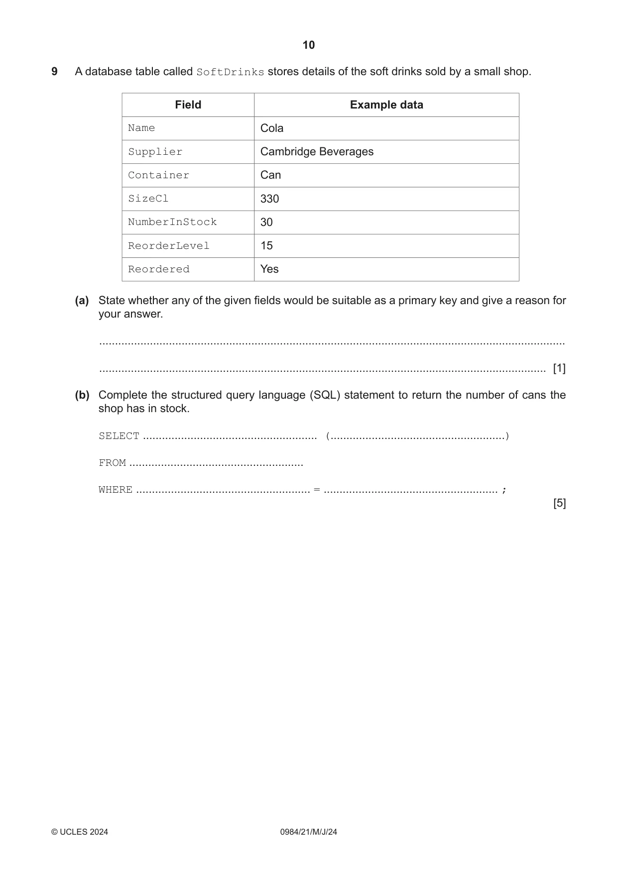 Cambridge IGCSE Computer Science (9-1) 0984 2024 May/June Paper 2 · Variant 1 question paper, page 10 of 16