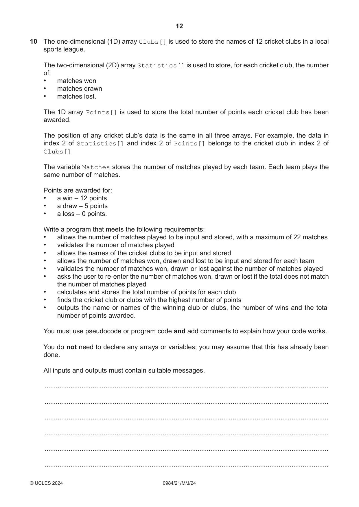 Cambridge IGCSE Computer Science (9-1) 0984 2024 May/June Paper 2 · Variant 1 question paper, page 12 of 16