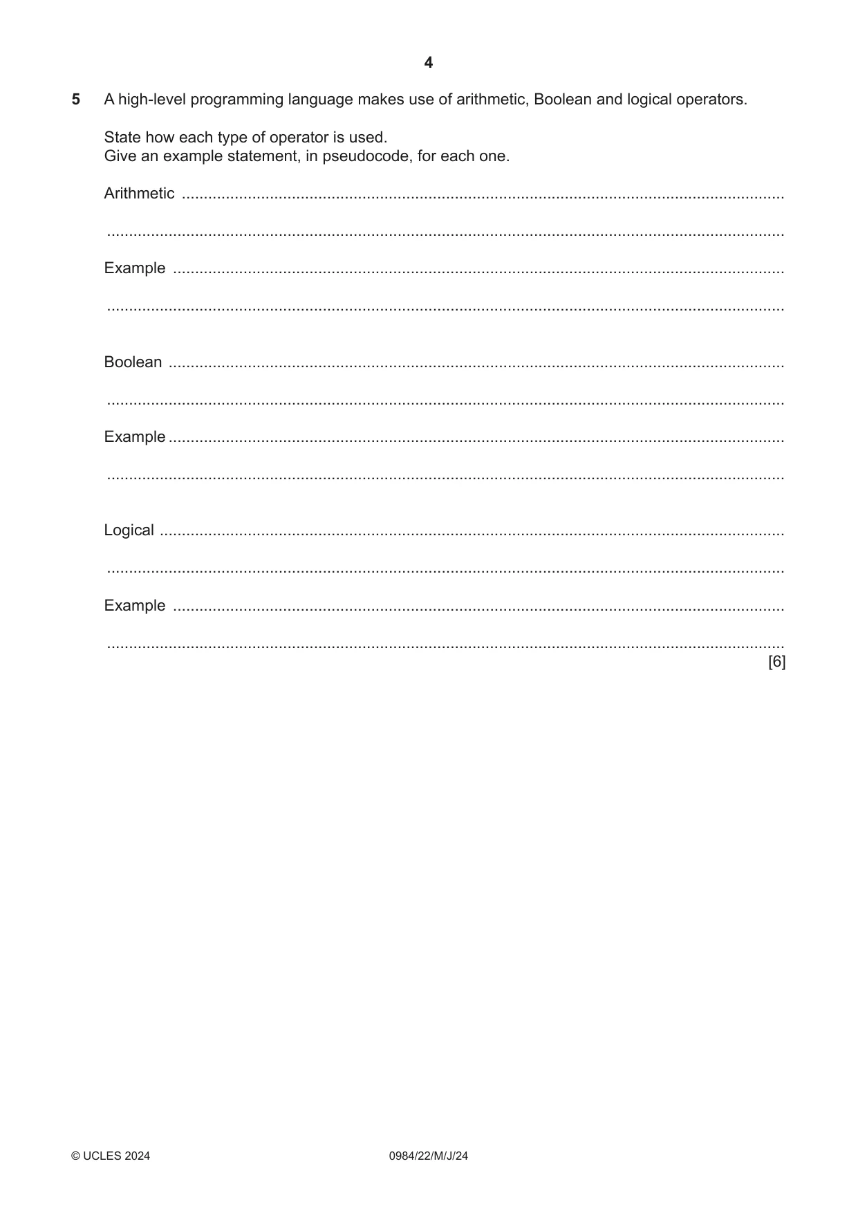 Cambridge IGCSE Computer Science (9-1) 0984 2024 May/June Paper 2 · Variant 2 question paper, page 4 of 16