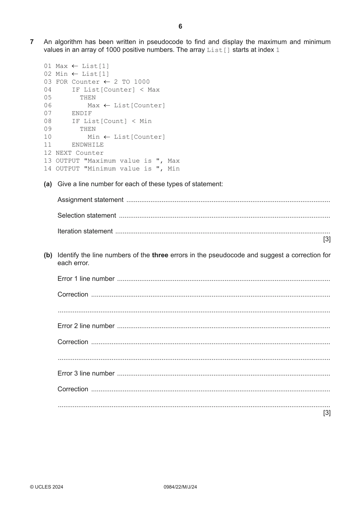 Cambridge IGCSE Computer Science (9-1) 0984 2024 May/June Paper 2 · Variant 2 question paper, page 6 of 16