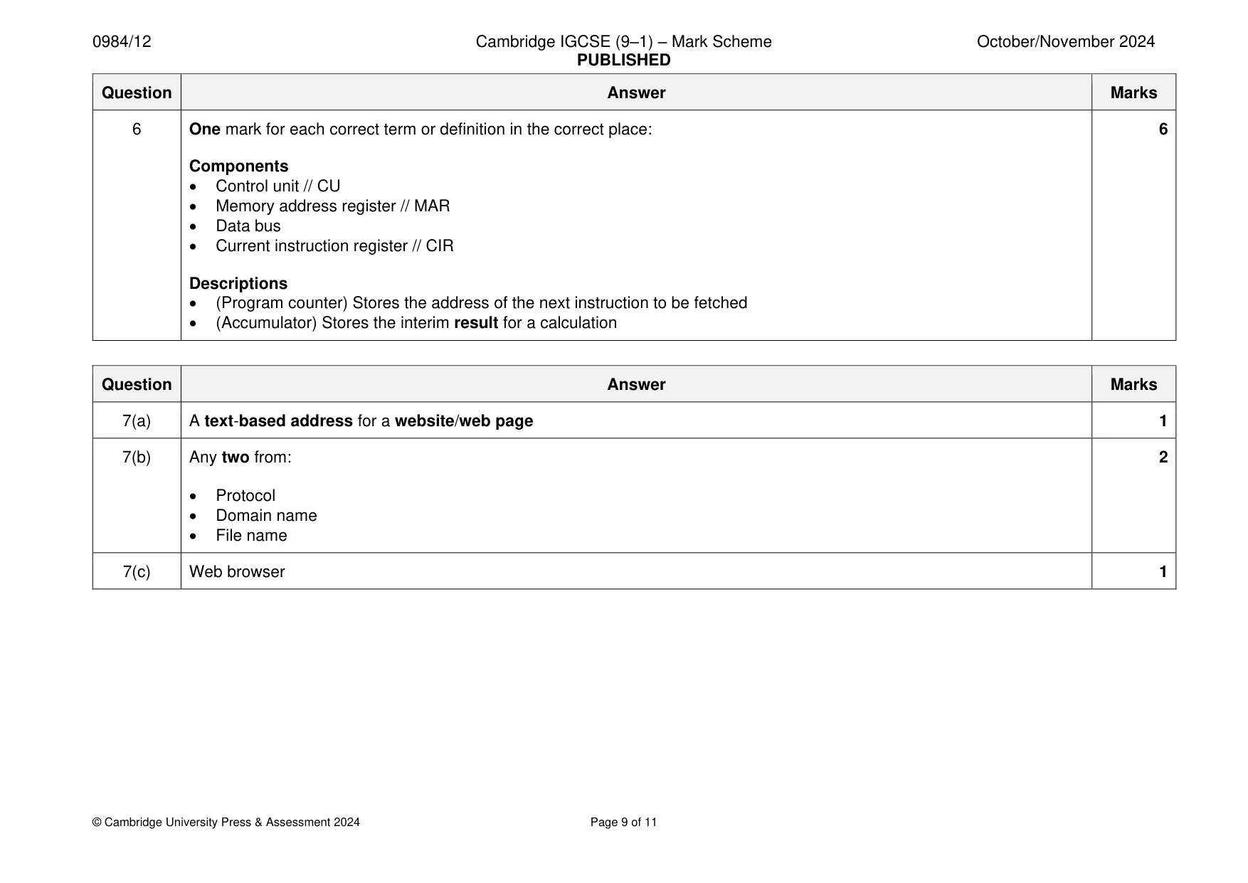 Mark scheme, page 9 of 11