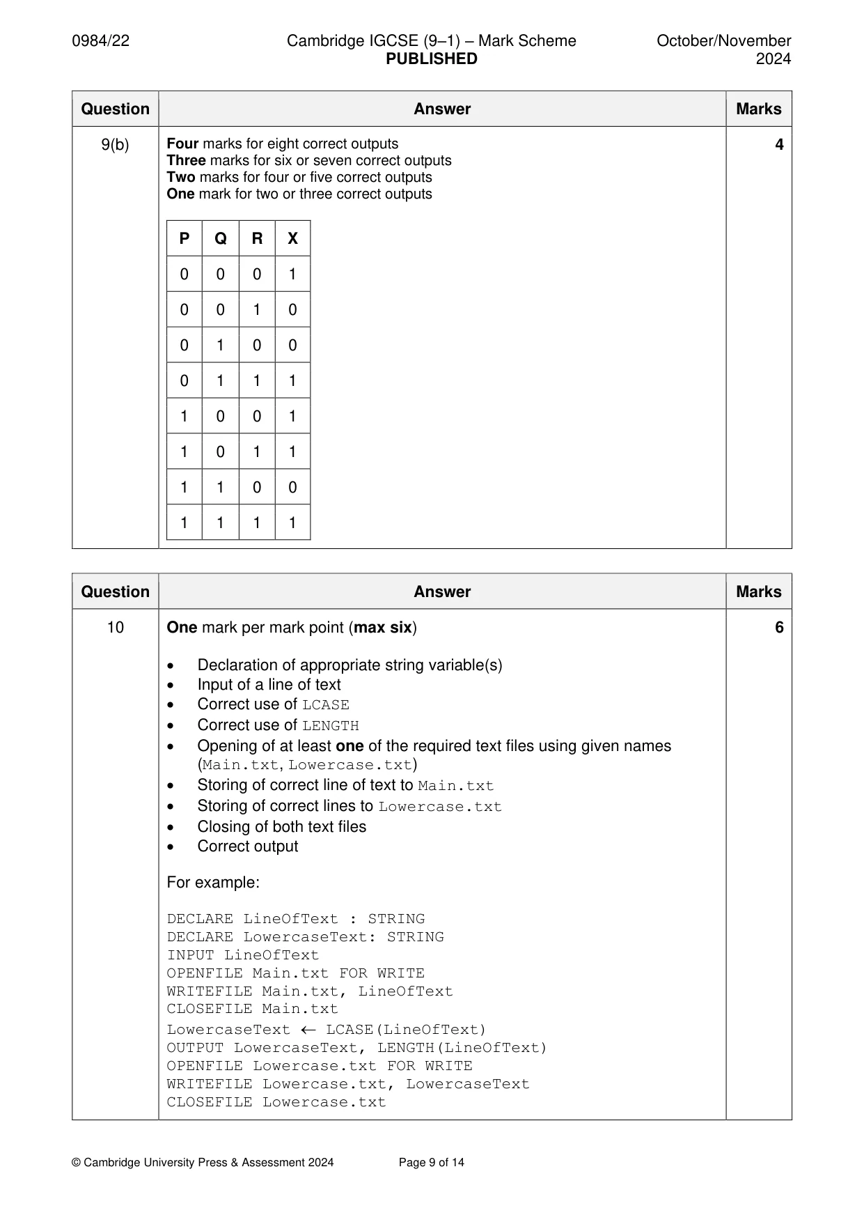 Mark scheme, page 9 of 14