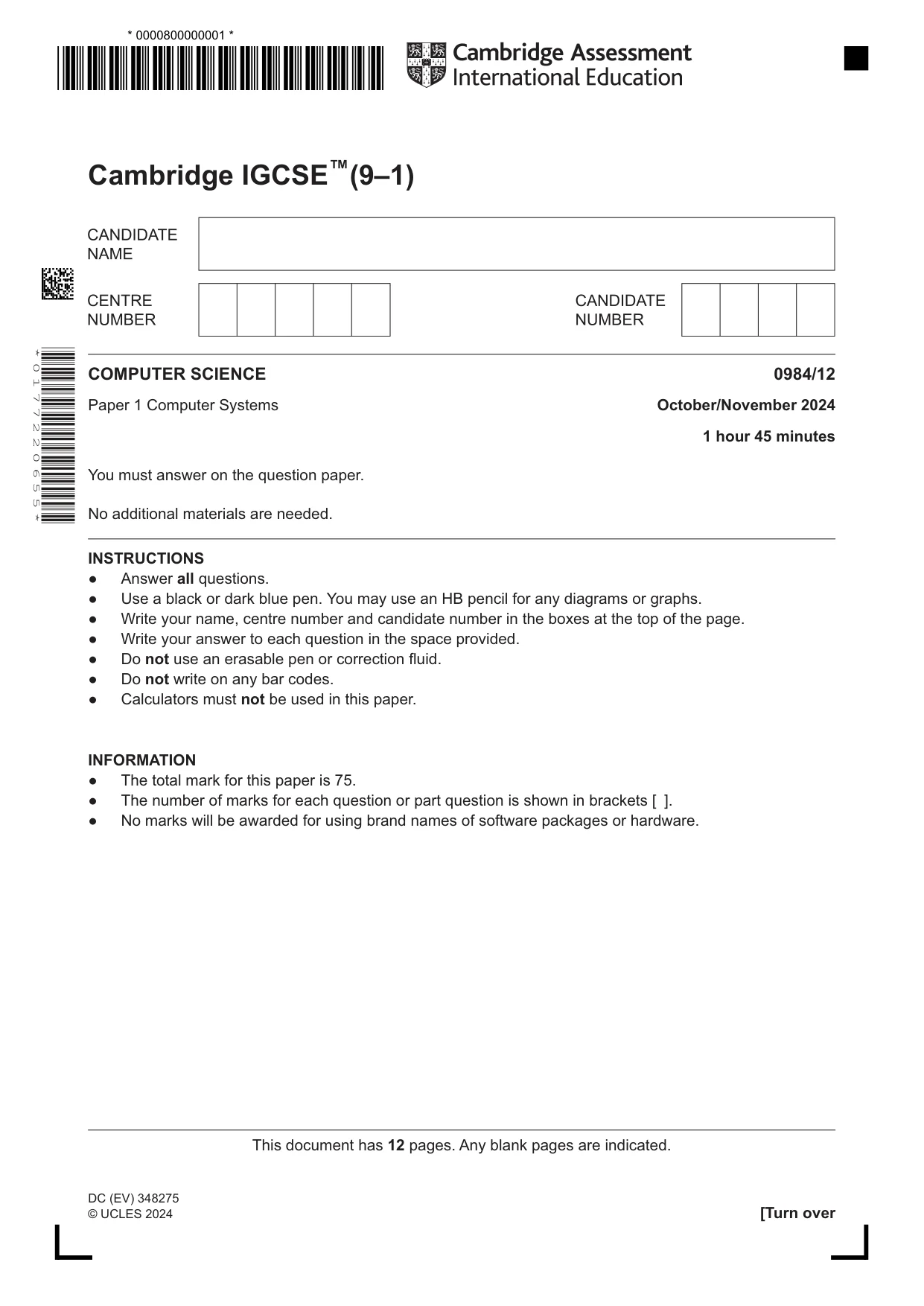 Cambridge IGCSE Computer Science (9-1) 0984 2024 Oct/Nov Paper 1 · Variant 2 question paper, page 1 of 12