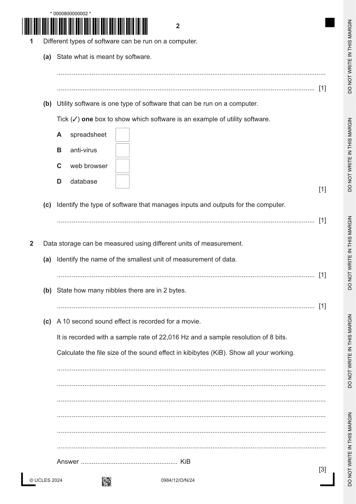 Cambridge IGCSE Computer Science (9-1) 0984 2024 Oct/Nov Paper 1 · Variant 2 question paper, page 2 of 12