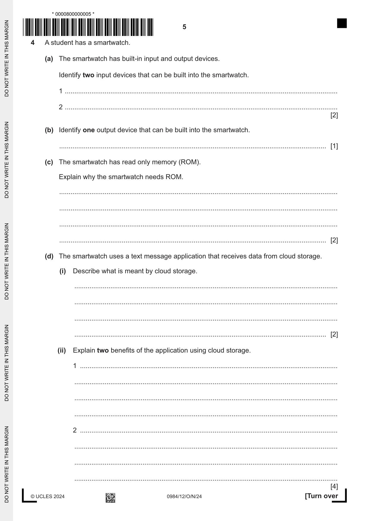 Cambridge IGCSE Computer Science (9-1) 0984 2024 Oct/Nov Paper 1 · Variant 2 question paper, page 5 of 12