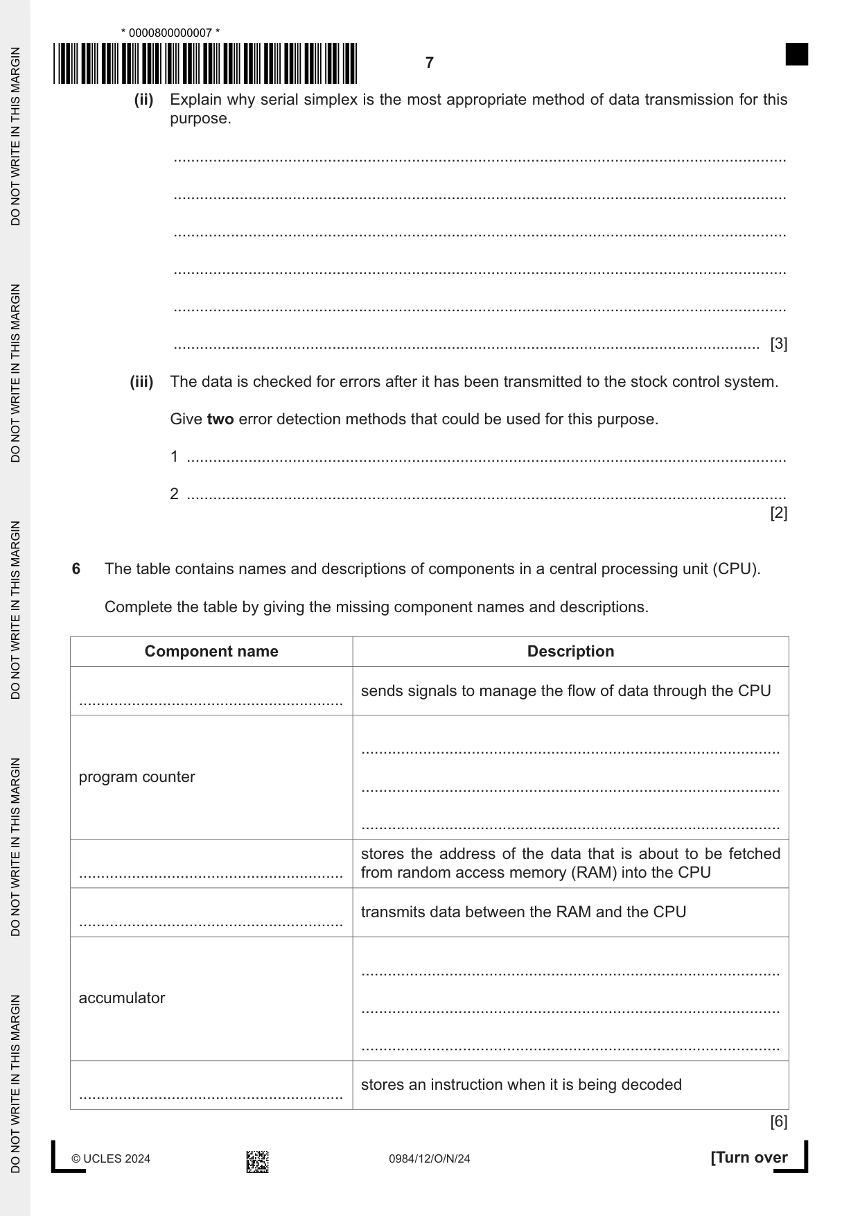Cambridge IGCSE Computer Science (9-1) 0984 2024 Oct/Nov Paper 1 · Variant 2 question paper, page 7 of 12