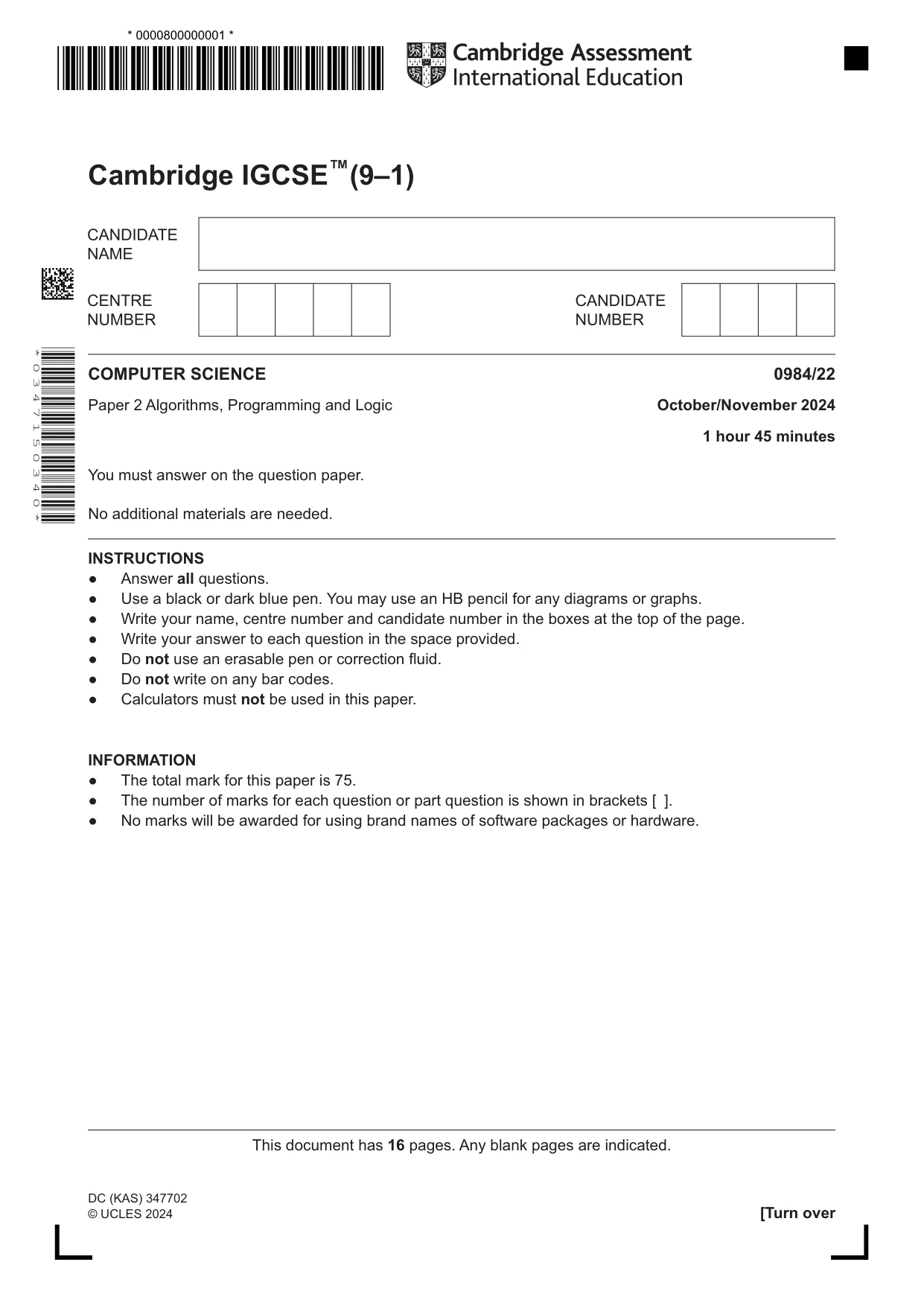 Cambridge IGCSE Computer Science (9-1) 0984 2024 Oct/Nov Paper 2 · Variant 2 question paper, page 1 of 16