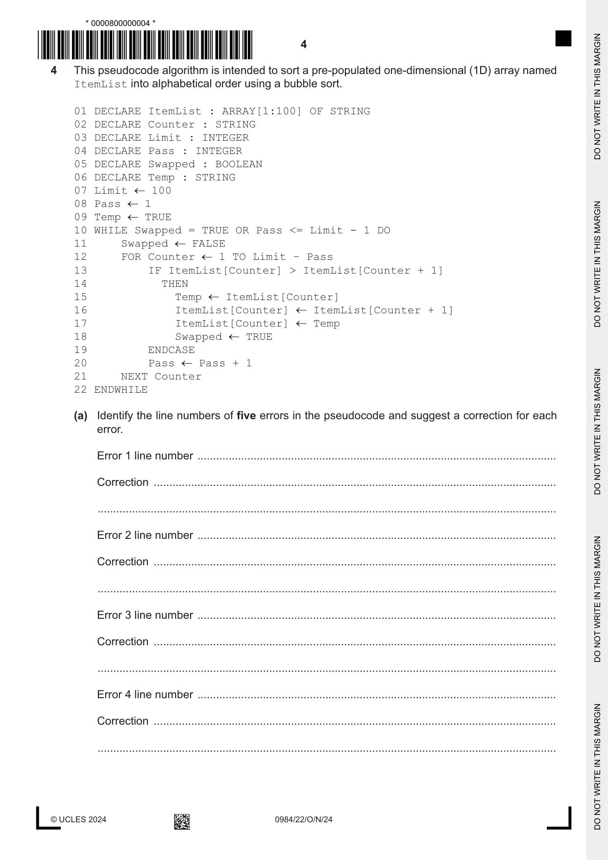 Cambridge IGCSE Computer Science (9-1) 0984 2024 Oct/Nov Paper 2 · Variant 2 question paper, page 4 of 16