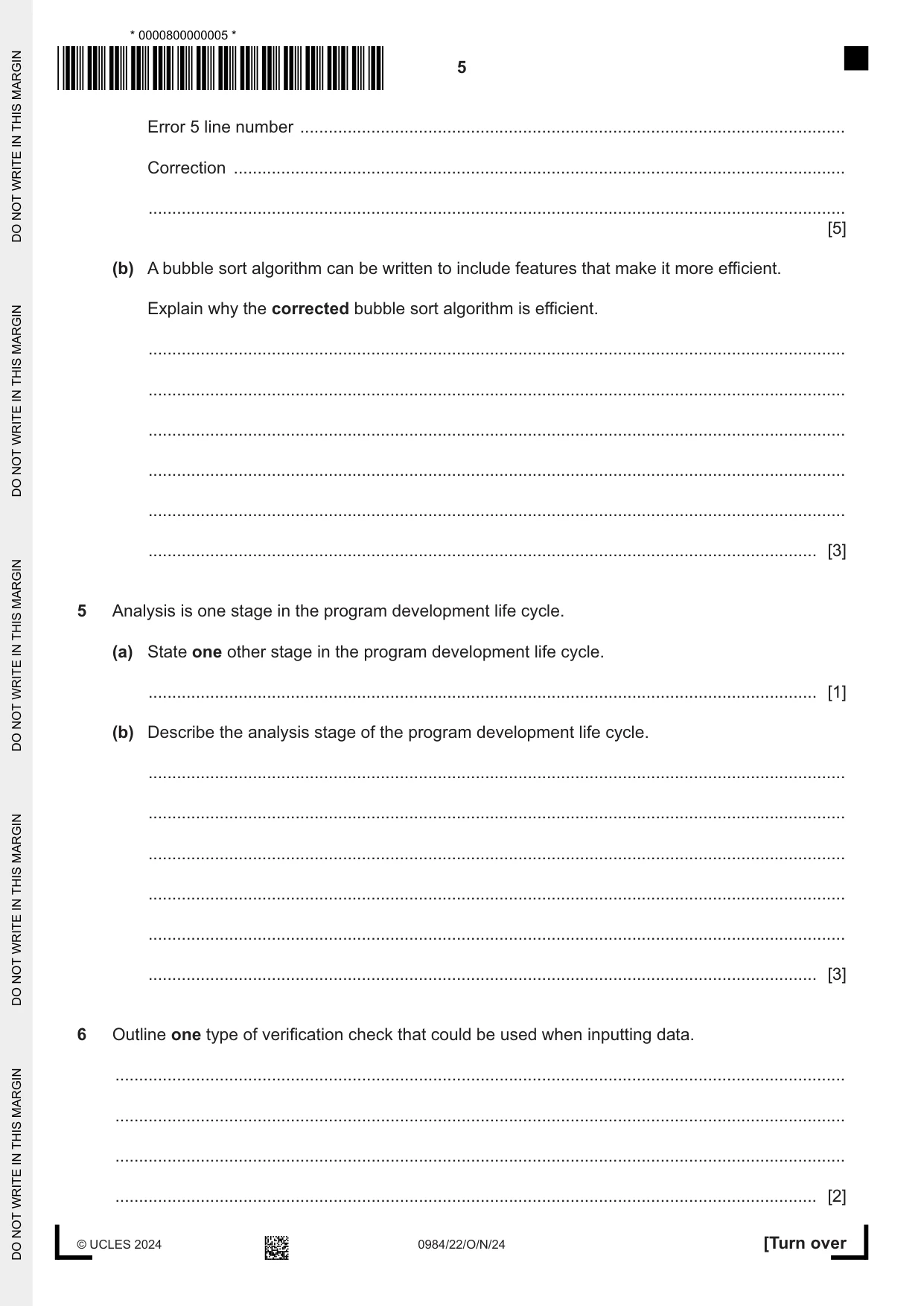 Cambridge IGCSE Computer Science (9-1) 0984 2024 Oct/Nov Paper 2 · Variant 2 question paper, page 5 of 16