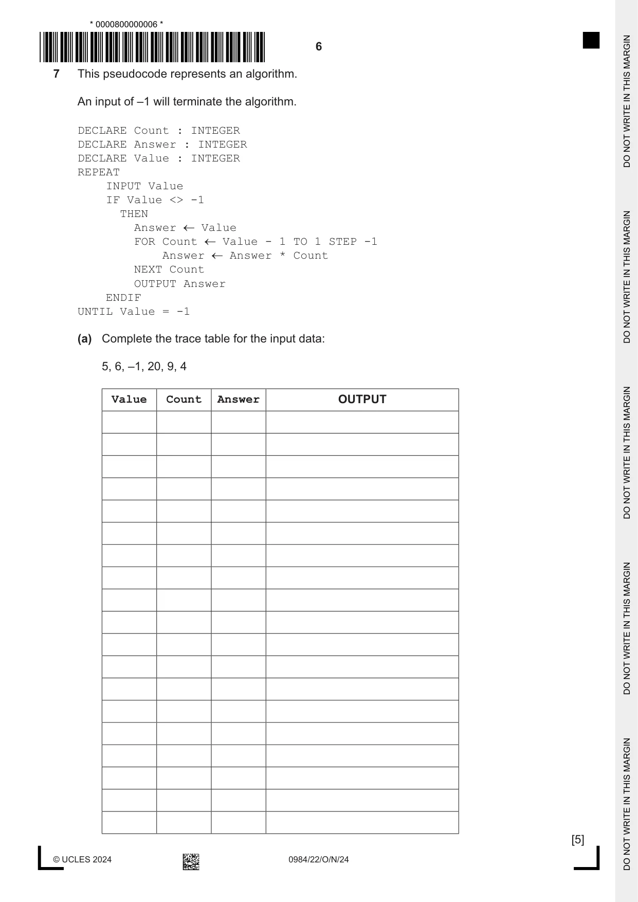 Cambridge IGCSE Computer Science (9-1) 0984 2024 Oct/Nov Paper 2 · Variant 2 question paper, page 6 of 16