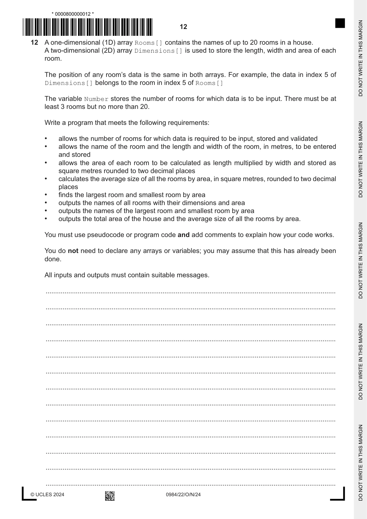Cambridge IGCSE Computer Science (9-1) 0984 2024 Oct/Nov Paper 2 · Variant 2 question paper, page 12 of 16
