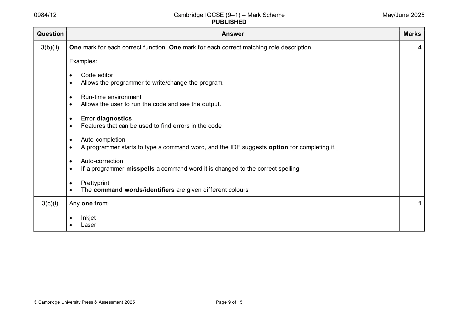 Mark scheme, page 9 of 15