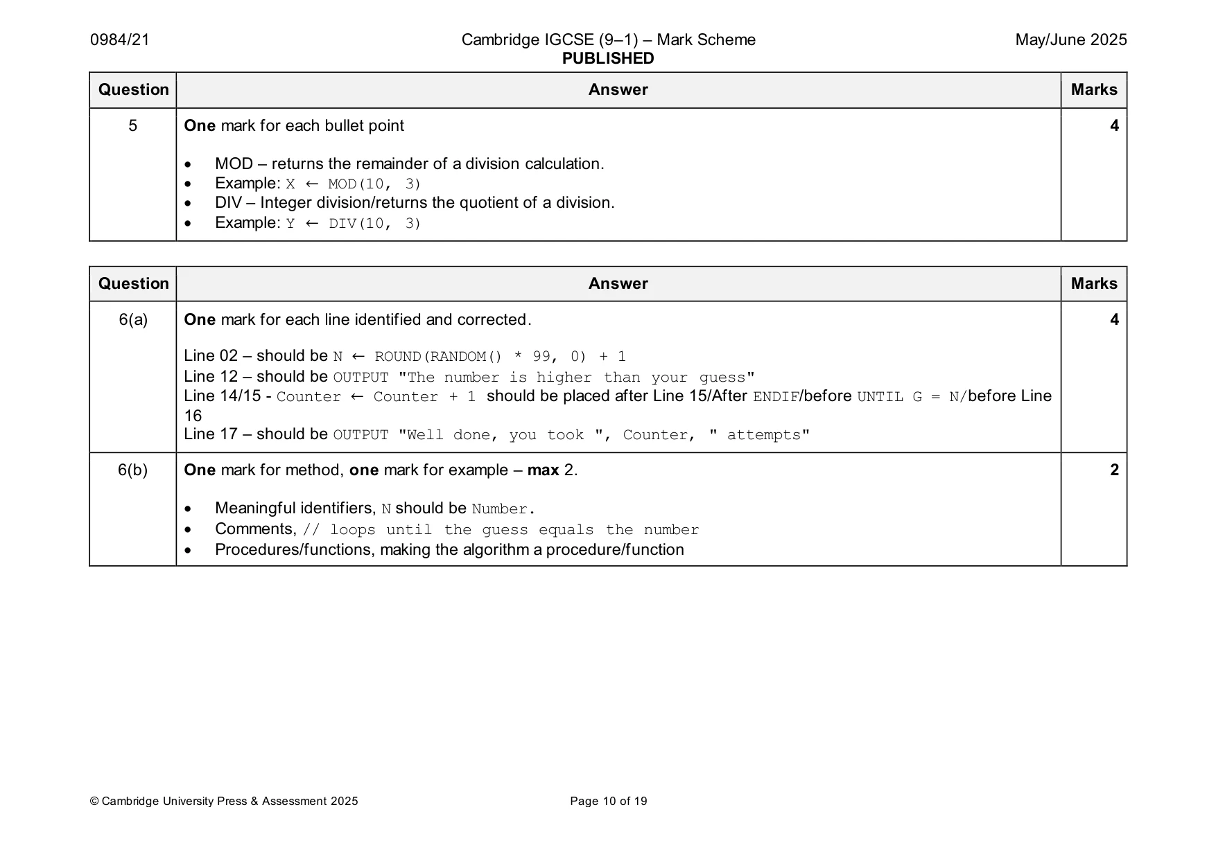 Mark scheme, page 10 of 19