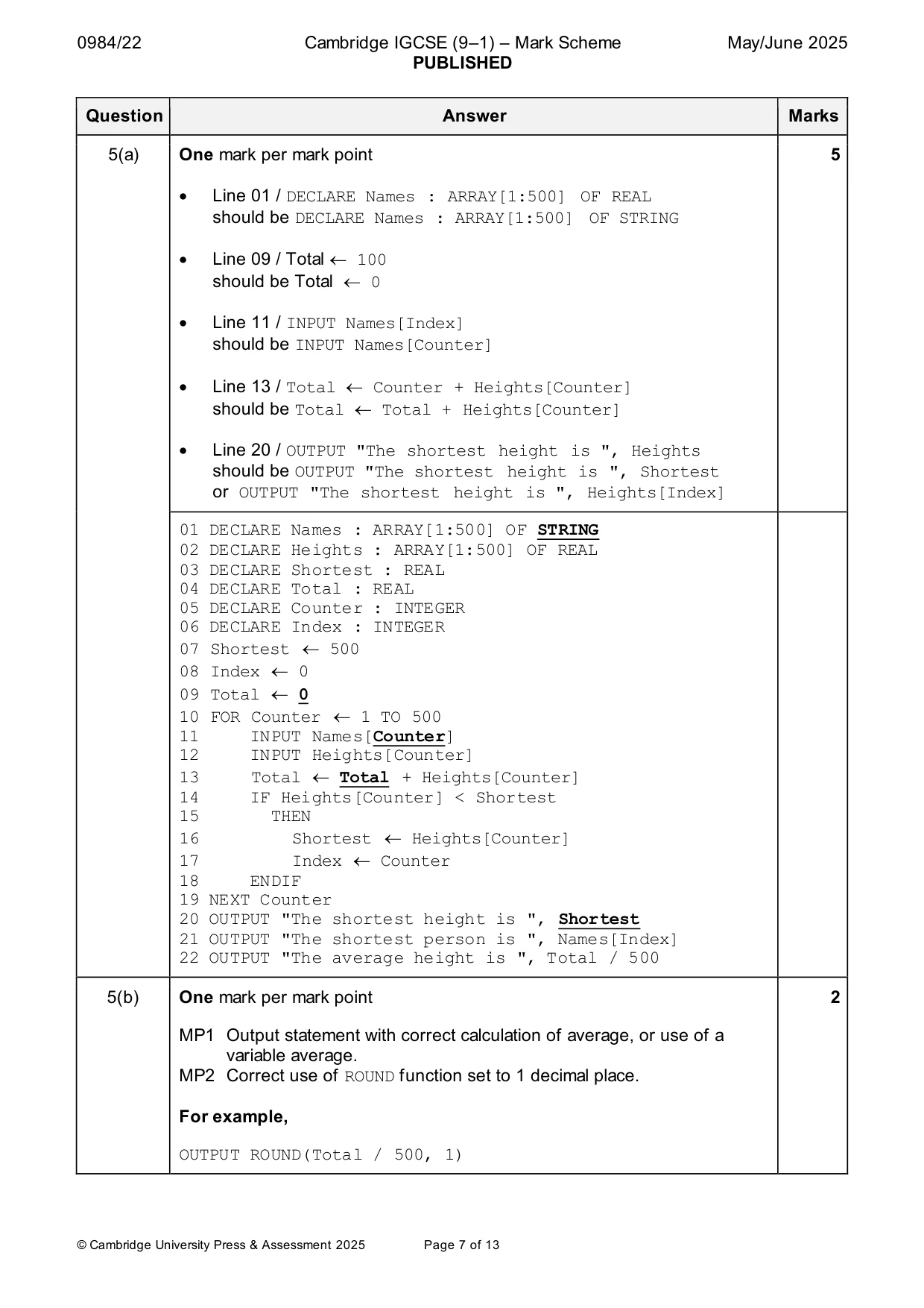 Mark scheme, page 7 of 13
