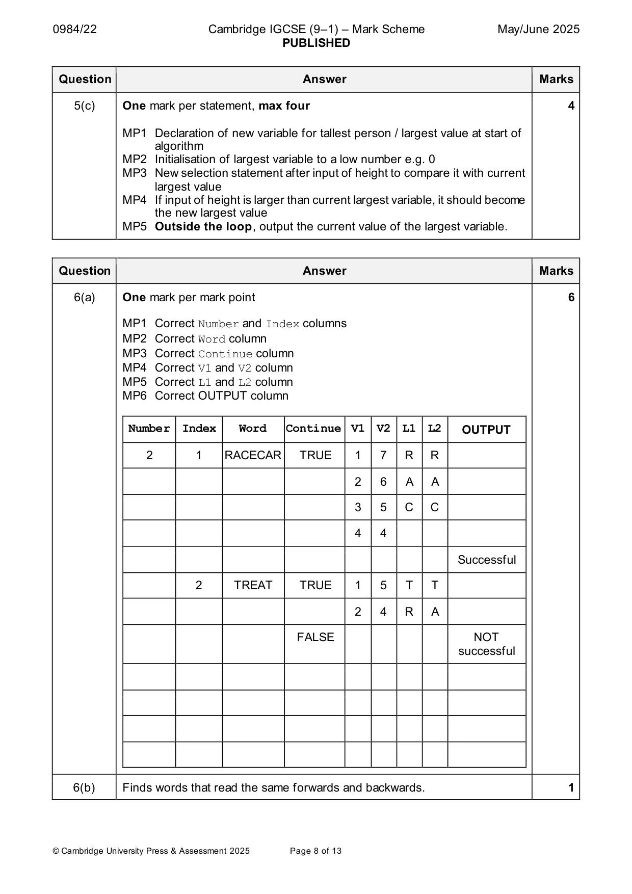 Mark scheme, page 8 of 13