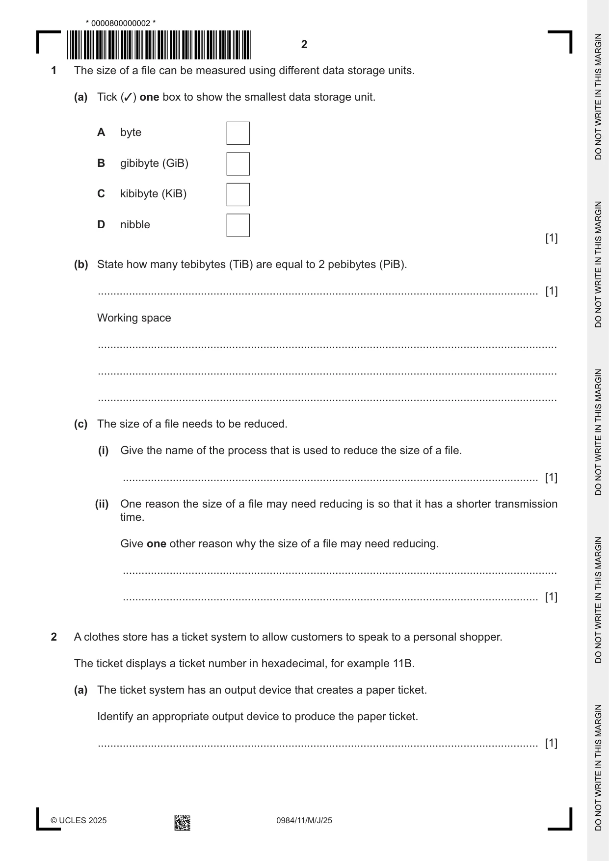 Cambridge IGCSE Computer Science (9-1) 0984 2025 May/June Paper 1 · Variant 1 question paper, page 2 of 12