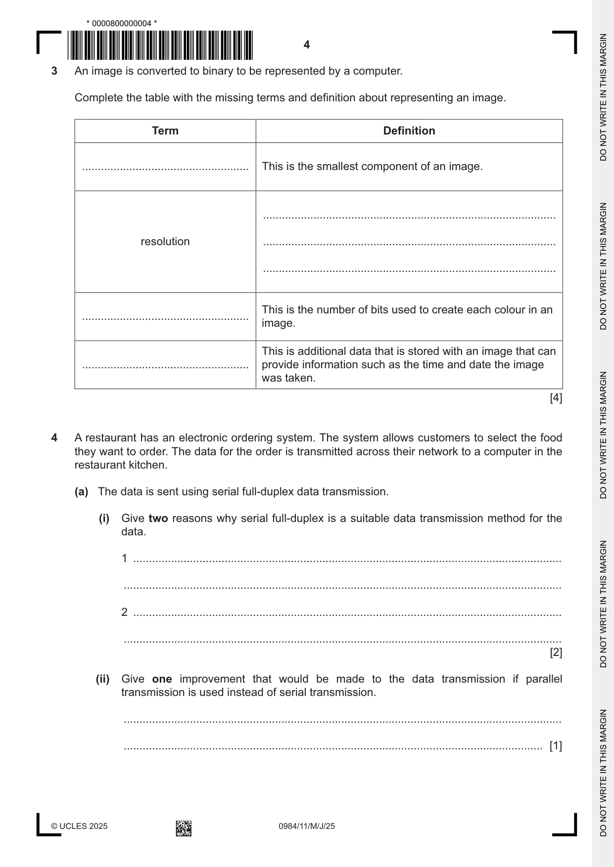Cambridge IGCSE Computer Science (9-1) 0984 2025 May/June Paper 1 · Variant 1 question paper, page 4 of 12