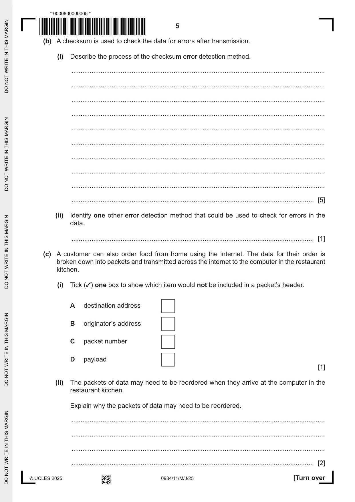 Cambridge IGCSE Computer Science (9-1) 0984 2025 May/June Paper 1 · Variant 1 question paper, page 5 of 12