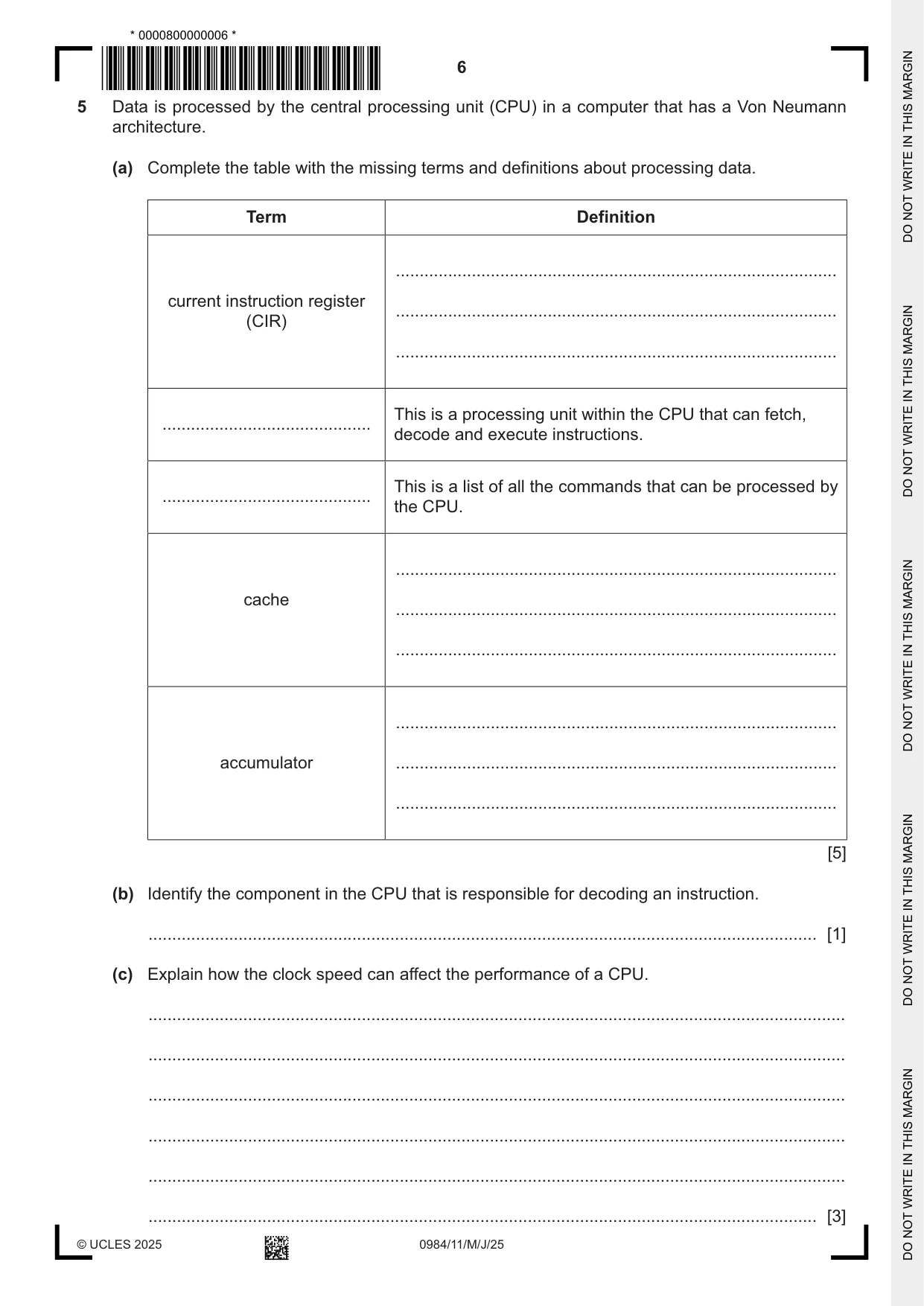 Cambridge IGCSE Computer Science (9-1) 0984 2025 May/June Paper 1 · Variant 1 question paper, page 6 of 12