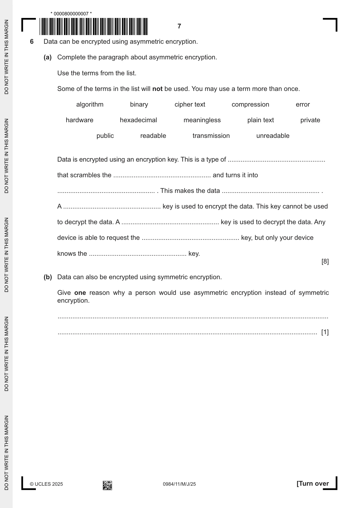 Cambridge IGCSE Computer Science (9-1) 0984 2025 May/June Paper 1 · Variant 1 question paper, page 7 of 12