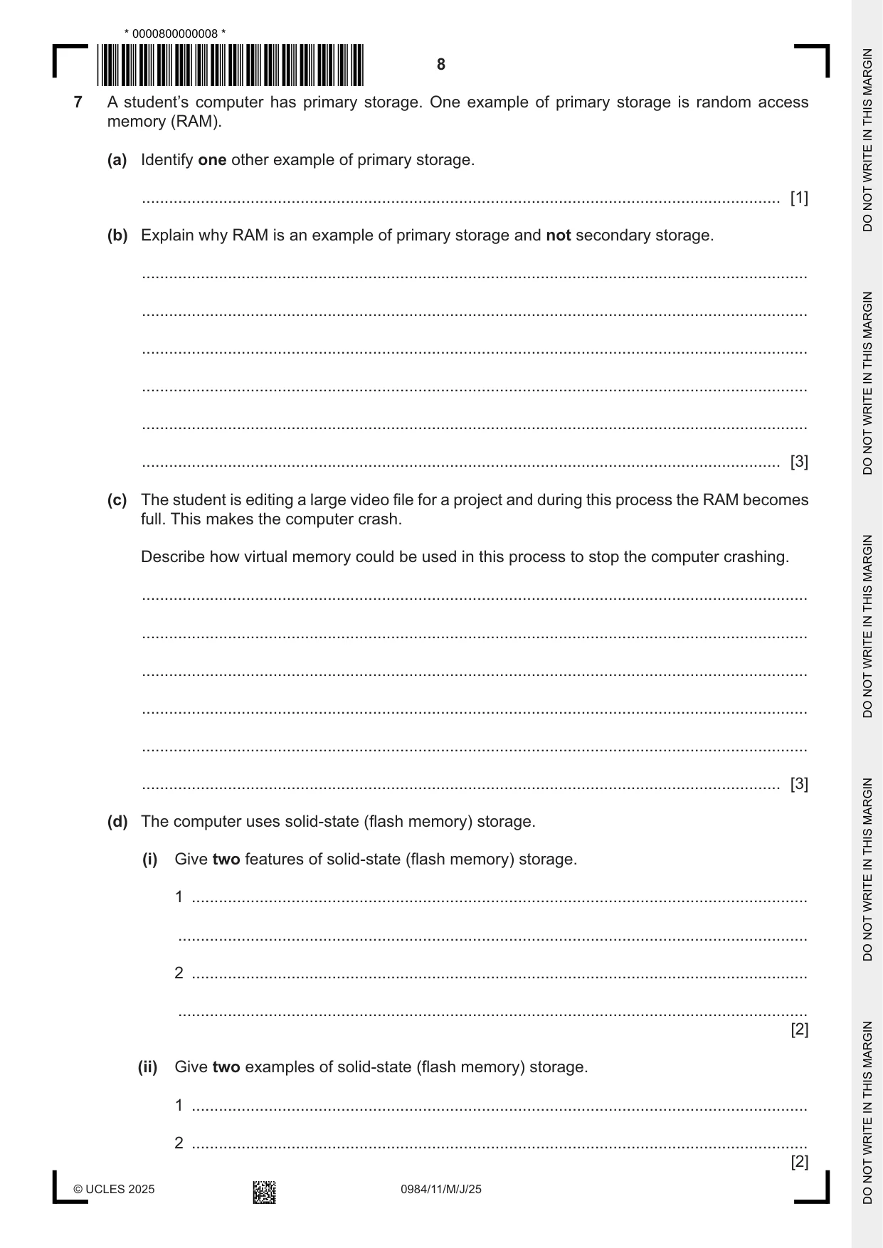 Cambridge IGCSE Computer Science (9-1) 0984 2025 May/June Paper 1 · Variant 1 question paper, page 8 of 12