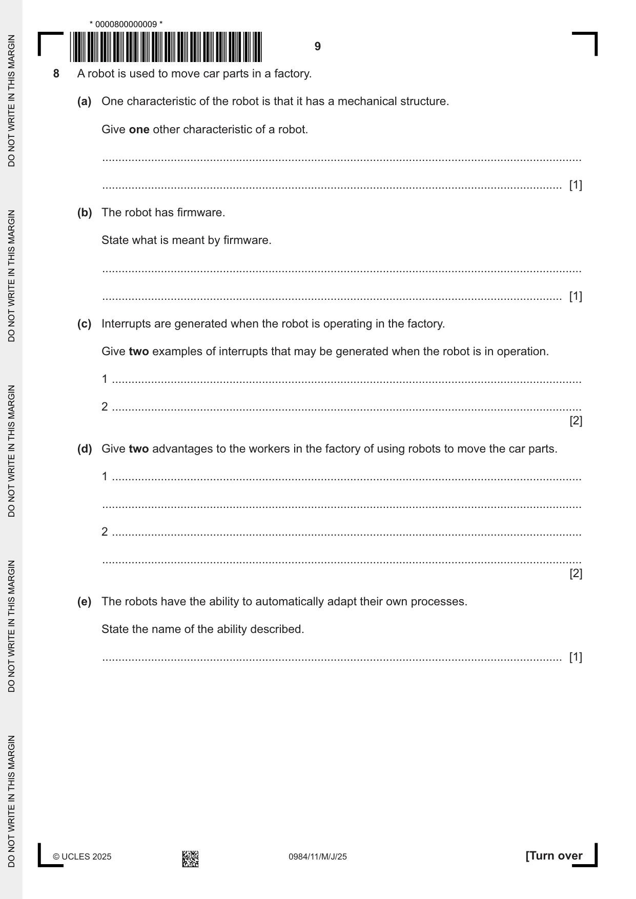 Cambridge IGCSE Computer Science (9-1) 0984 2025 May/June Paper 1 · Variant 1 question paper, page 9 of 12