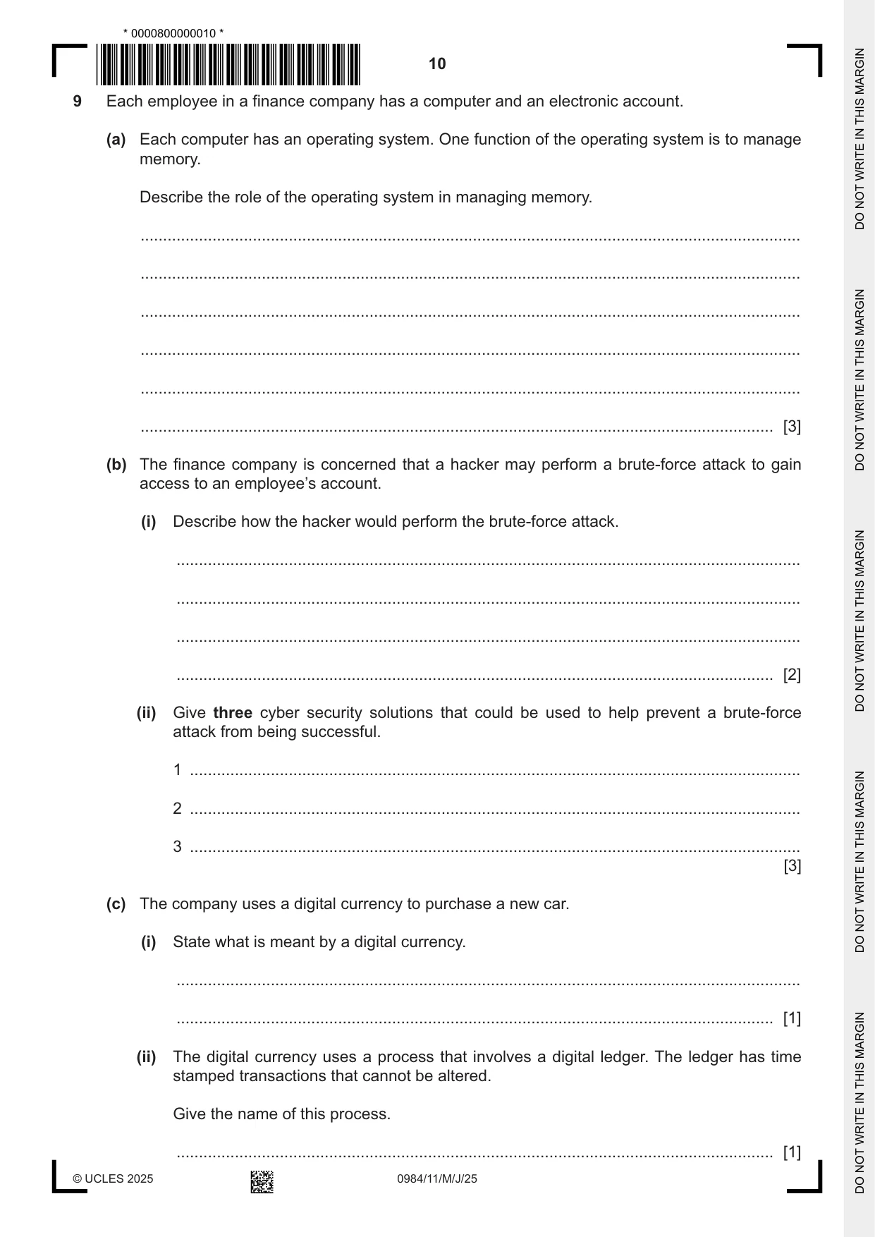 Cambridge IGCSE Computer Science (9-1) 0984 2025 May/June Paper 1 · Variant 1 question paper, page 10 of 12